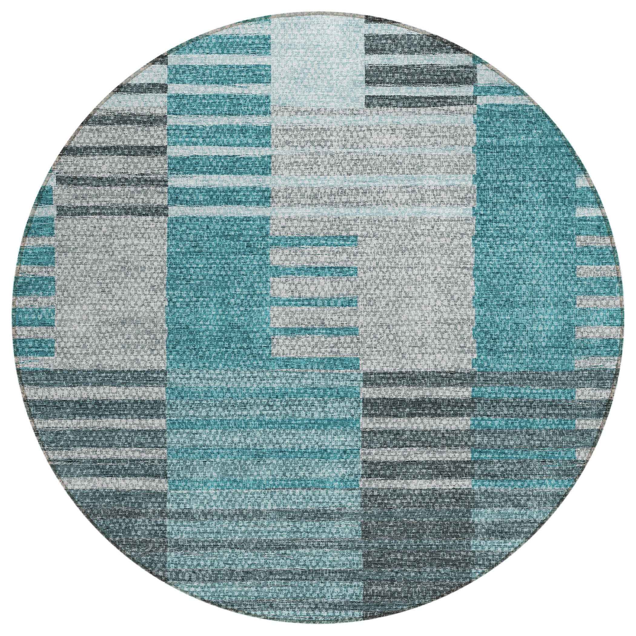 8' Teal Blue Aqua And Gray Round Striped Washable Indoor Outdoor Area Rug