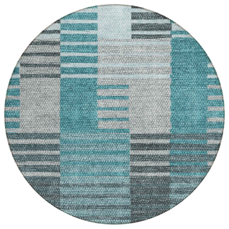 8' Teal Blue Aqua And Gray Round Striped Washable Indoor Outdoor Area Rug