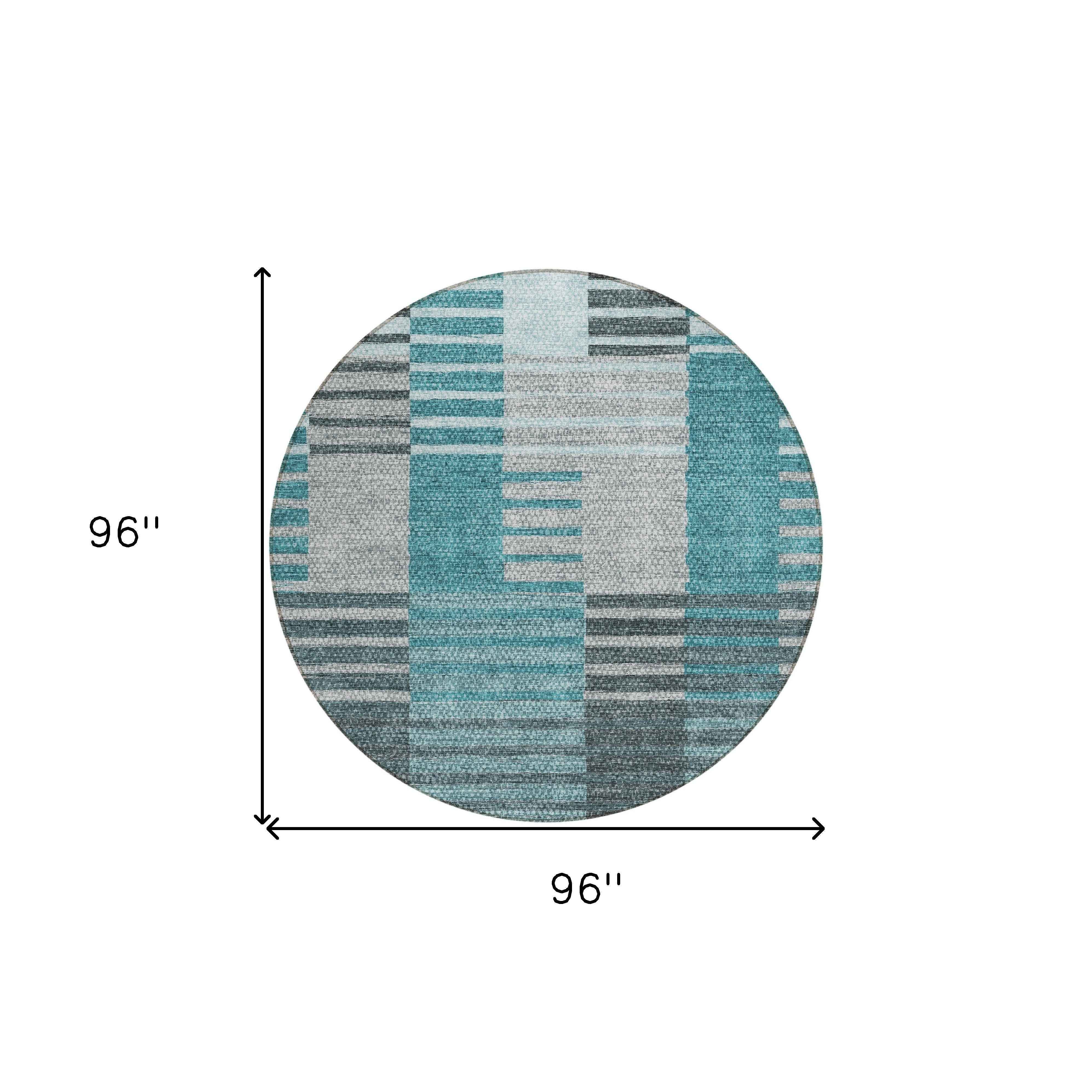 8' Teal Blue Aqua And Gray Round Striped Washable Indoor Outdoor Area Rug
