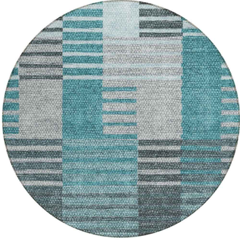 8' Teal Blue Aqua And Gray Round Striped Washable Indoor Outdoor Area Rug
