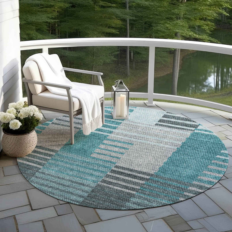 8' Teal Blue Aqua And Gray Round Striped Washable Indoor Outdoor Area Rug