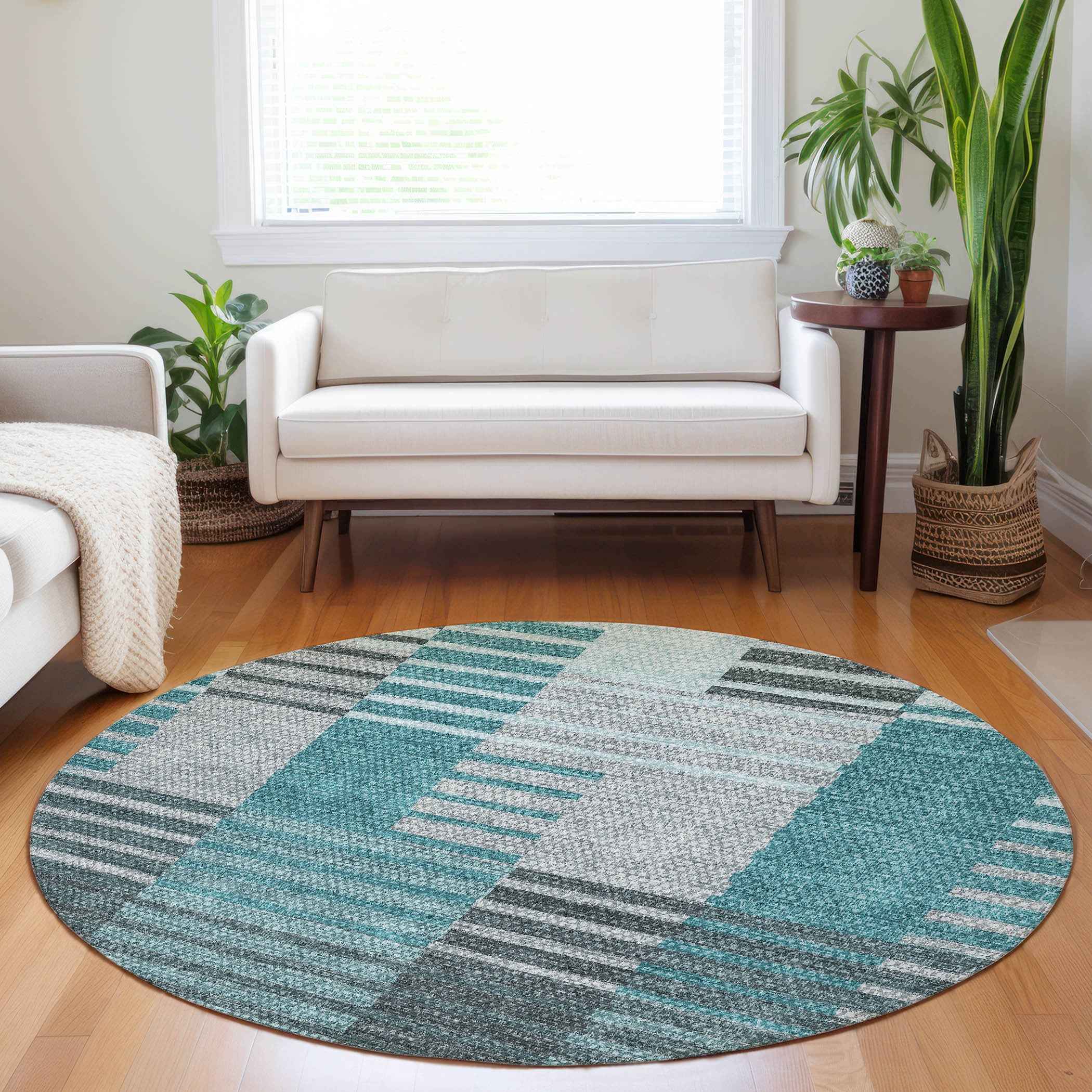 8' Teal Blue Aqua And Gray Round Striped Washable Indoor Outdoor Area Rug