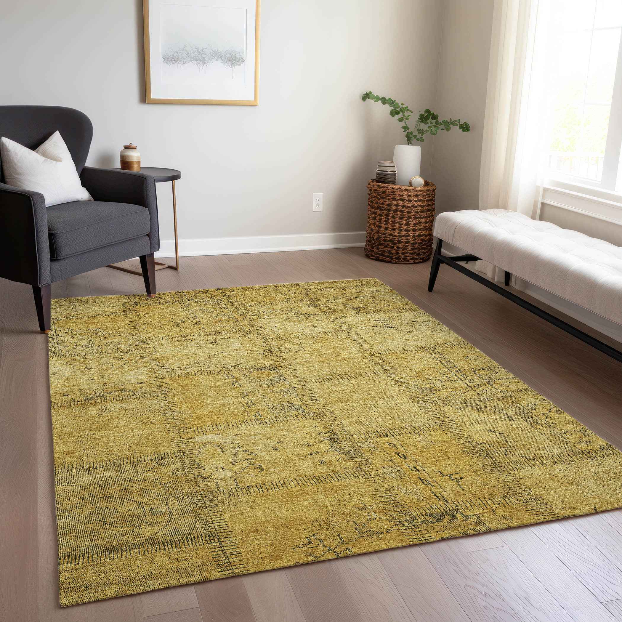 3' X 5' Gold Wheat And Gray Patchwork Washable Indoor Outdoor Area Rug