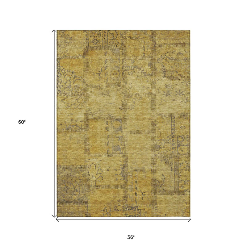 3' X 5' Gold Wheat And Gray Patchwork Washable Indoor Outdoor Area Rug