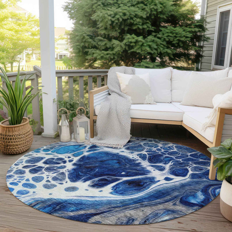 8' Navy Blue And Gray Round Nautical Washable Indoor Outdoor Area Rug