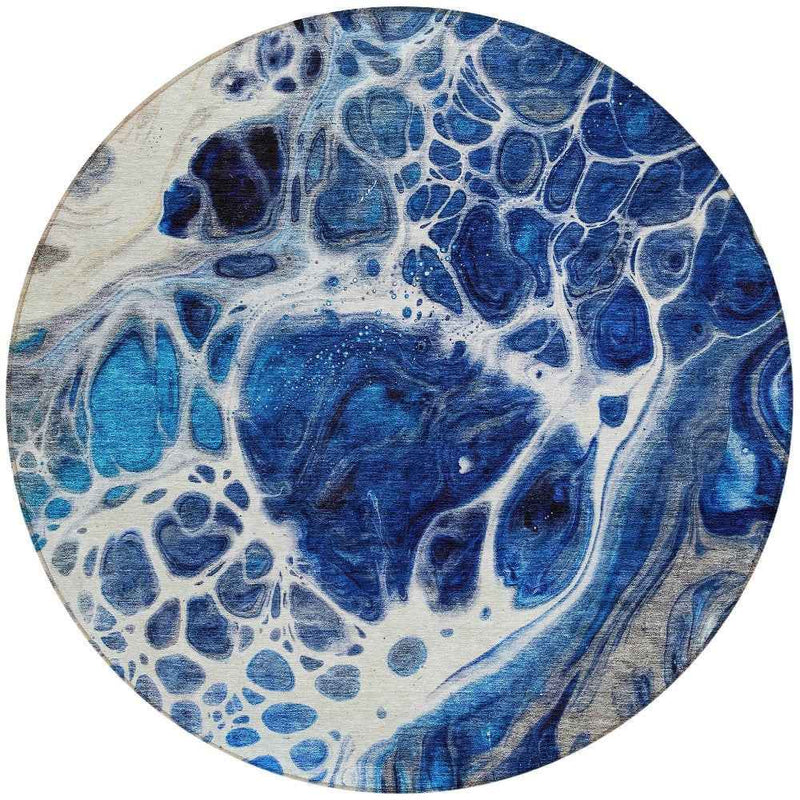 8' Navy Blue And Gray Round Nautical Washable Indoor Outdoor Area Rug