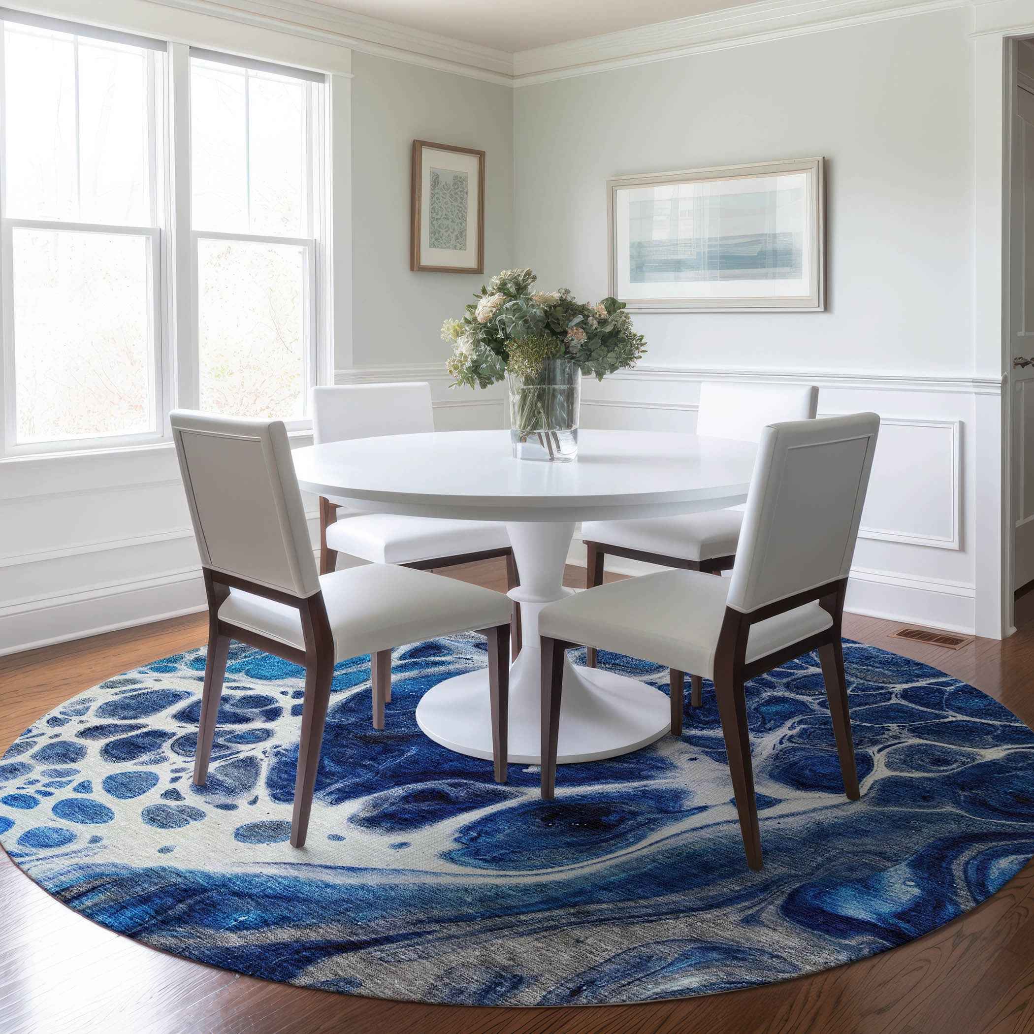 8' Navy Blue And Gray Round Nautical Washable Indoor Outdoor Area Rug