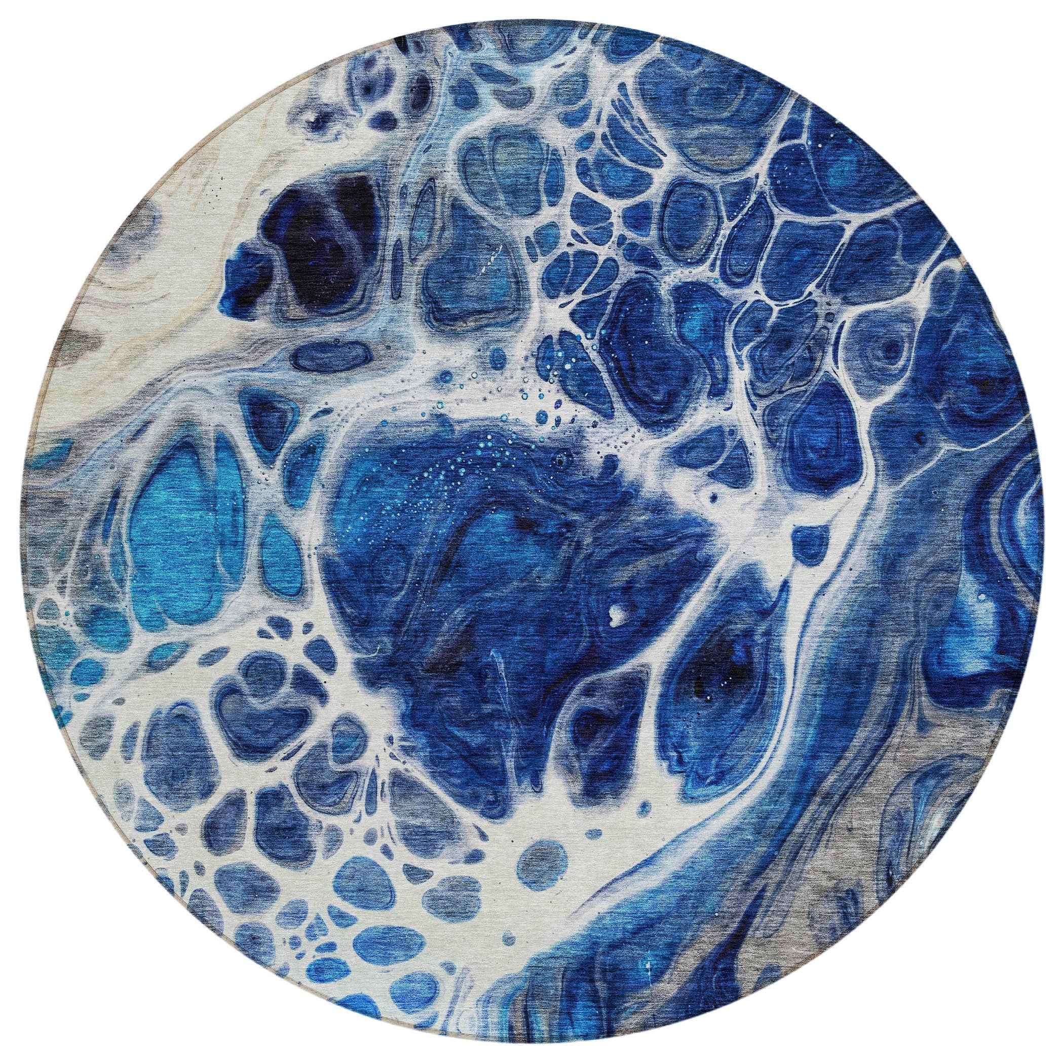 8' Navy Blue And Gray Round Nautical Washable Indoor Outdoor Area Rug