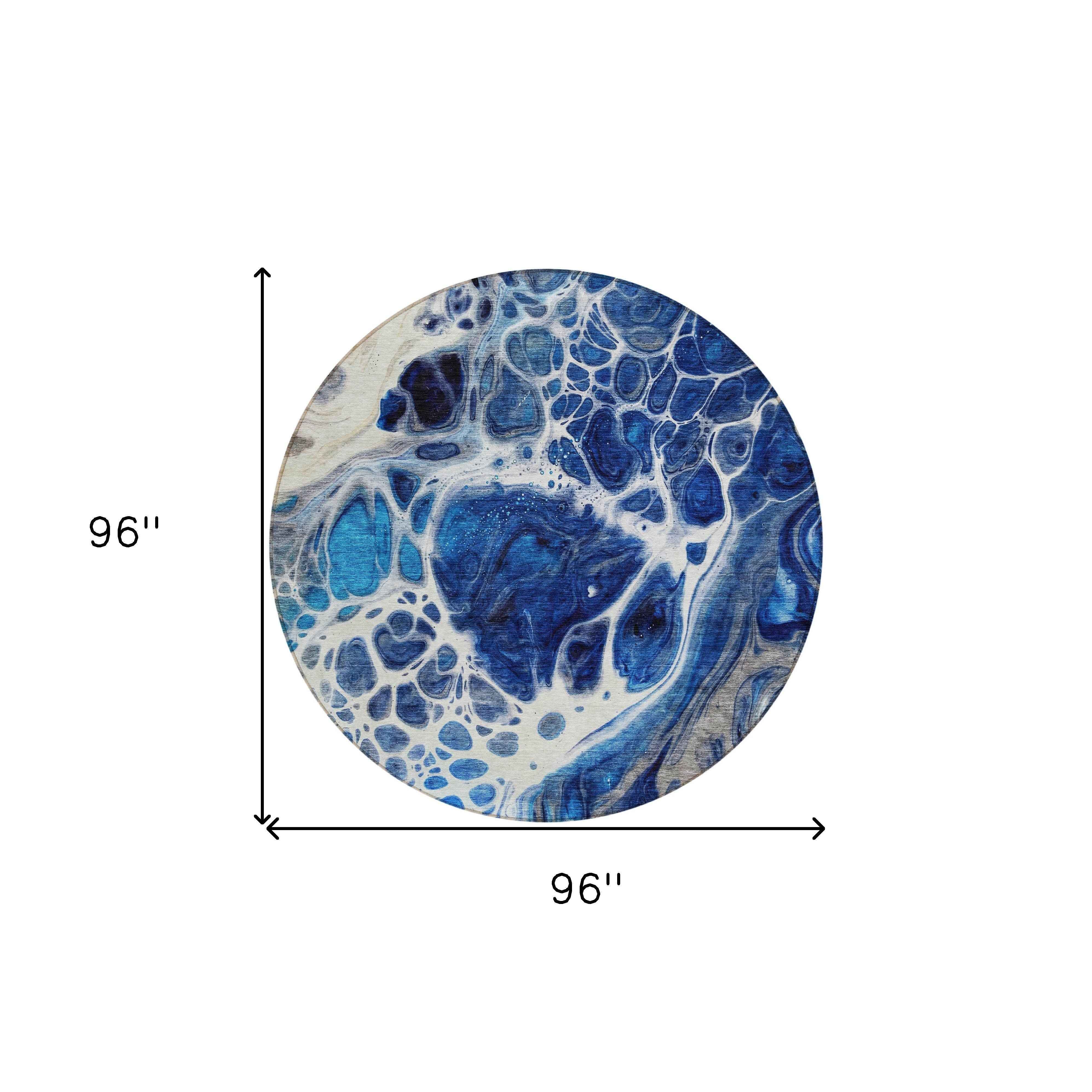 8' Navy Blue And Gray Round Nautical Washable Indoor Outdoor Area Rug