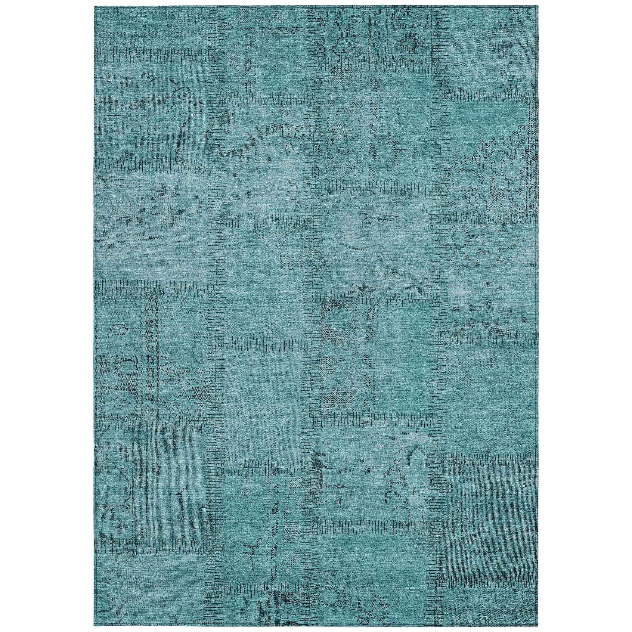 8' X 10' Teal Blue And Aqua Patchwork Washable Indoor Outdoor Area Rug
