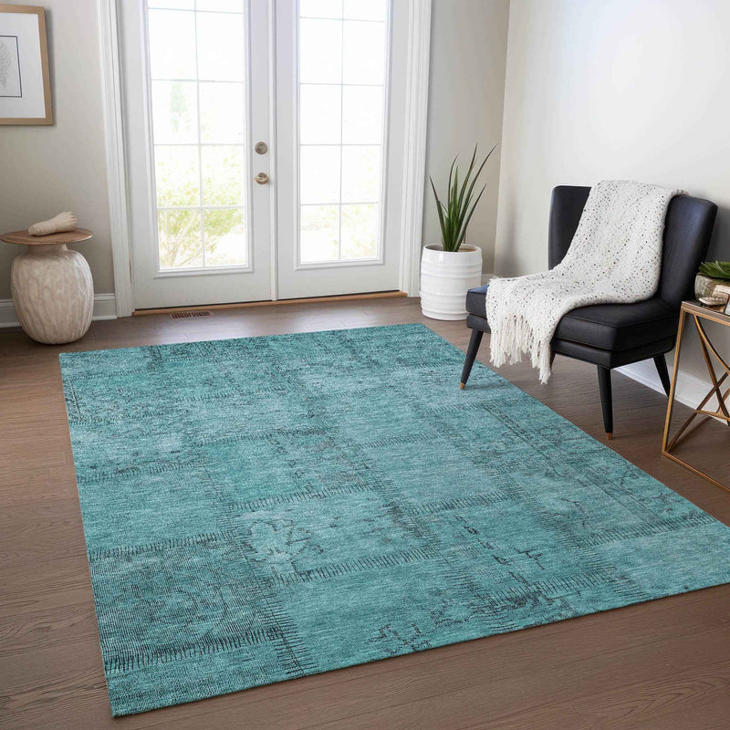 8' X 10' Teal Blue And Aqua Patchwork Washable Indoor Outdoor Area Rug