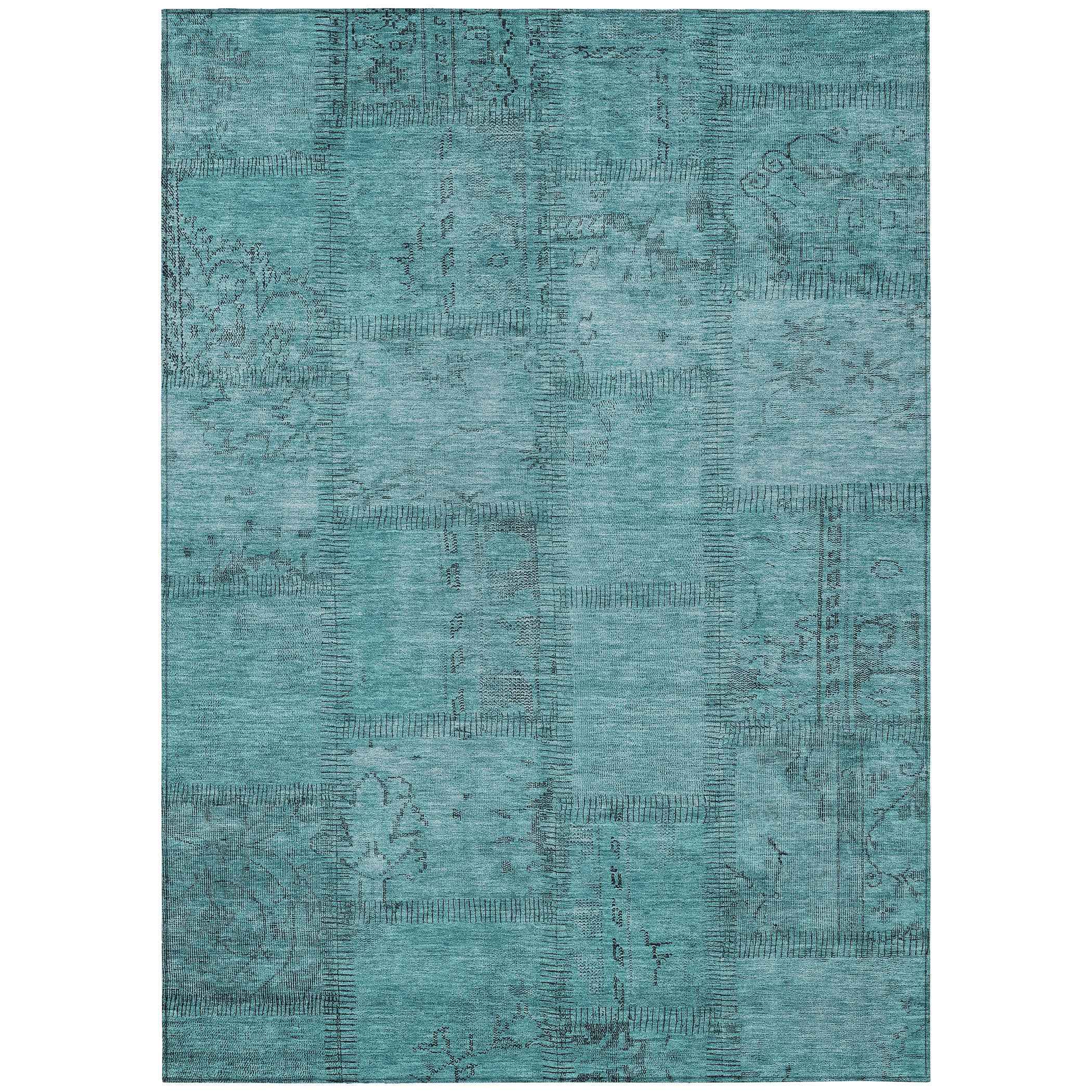 8' X 10' Teal Blue And Aqua Patchwork Washable Indoor Outdoor Area Rug