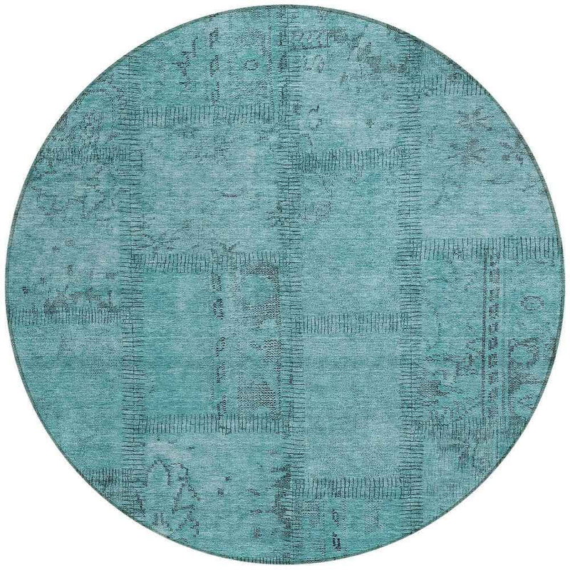 8' Teal Blue And Aqua Round Patchwork Washable Indoor Outdoor Area Rug