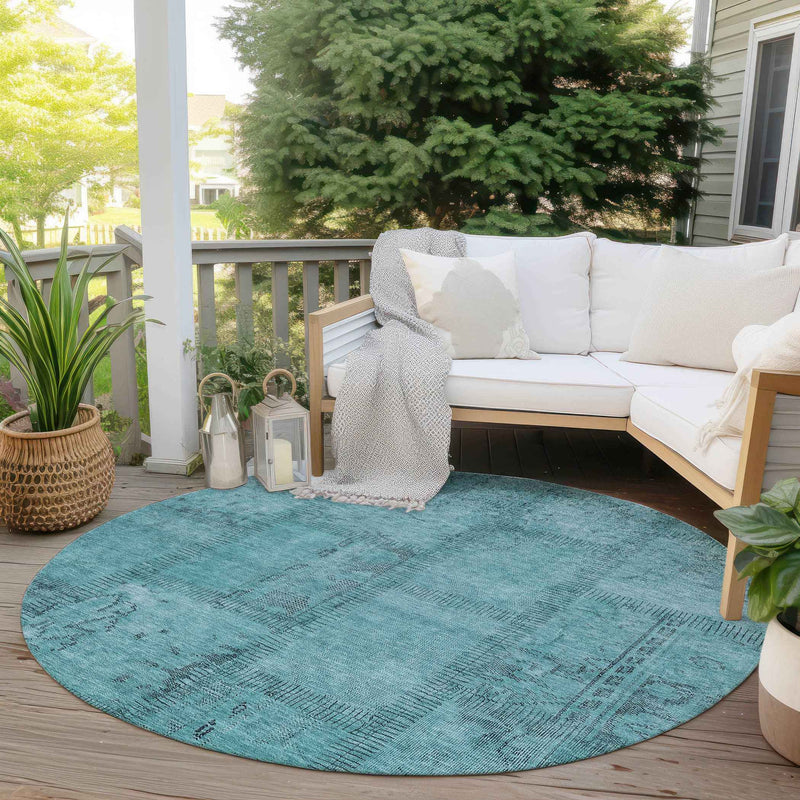 8' Teal Blue And Aqua Round Patchwork Washable Indoor Outdoor Area Rug