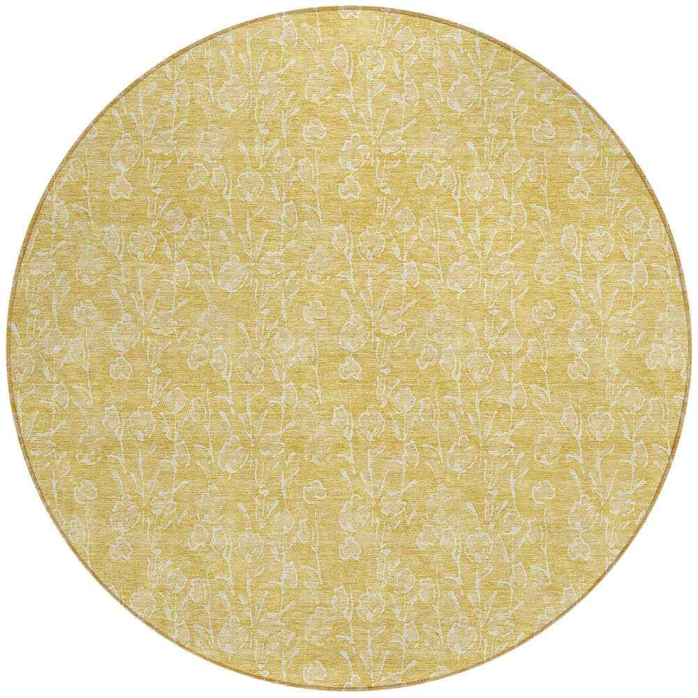 8' Gold And Ivory Round Floral Washable Indoor Outdoor Area Rug