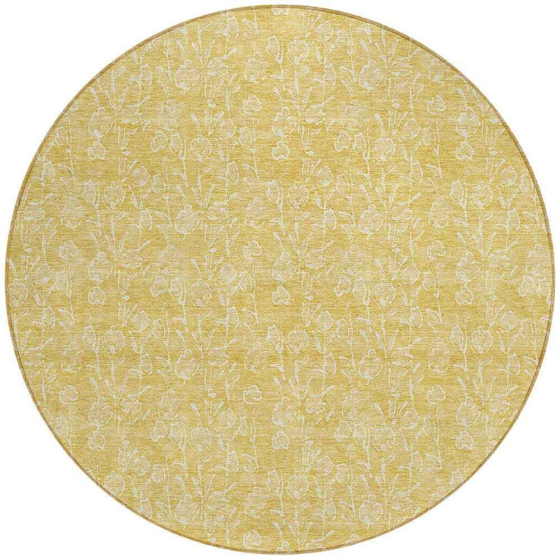 8' Gold And Ivory Round Floral Washable Indoor Outdoor Area Rug