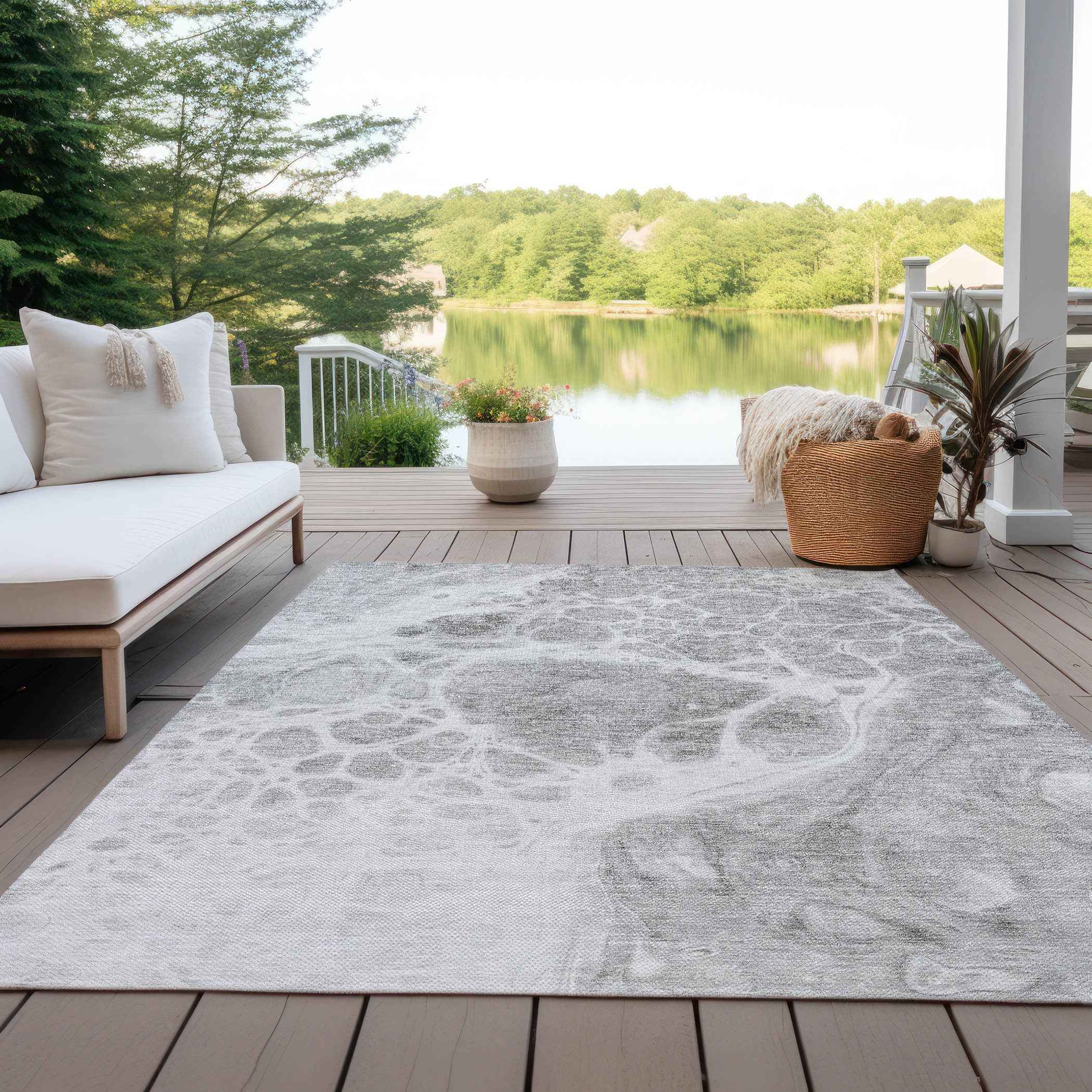 8' X 10' Gray Silver And Ivory Nautical Washable Indoor Outdoor Area Rug