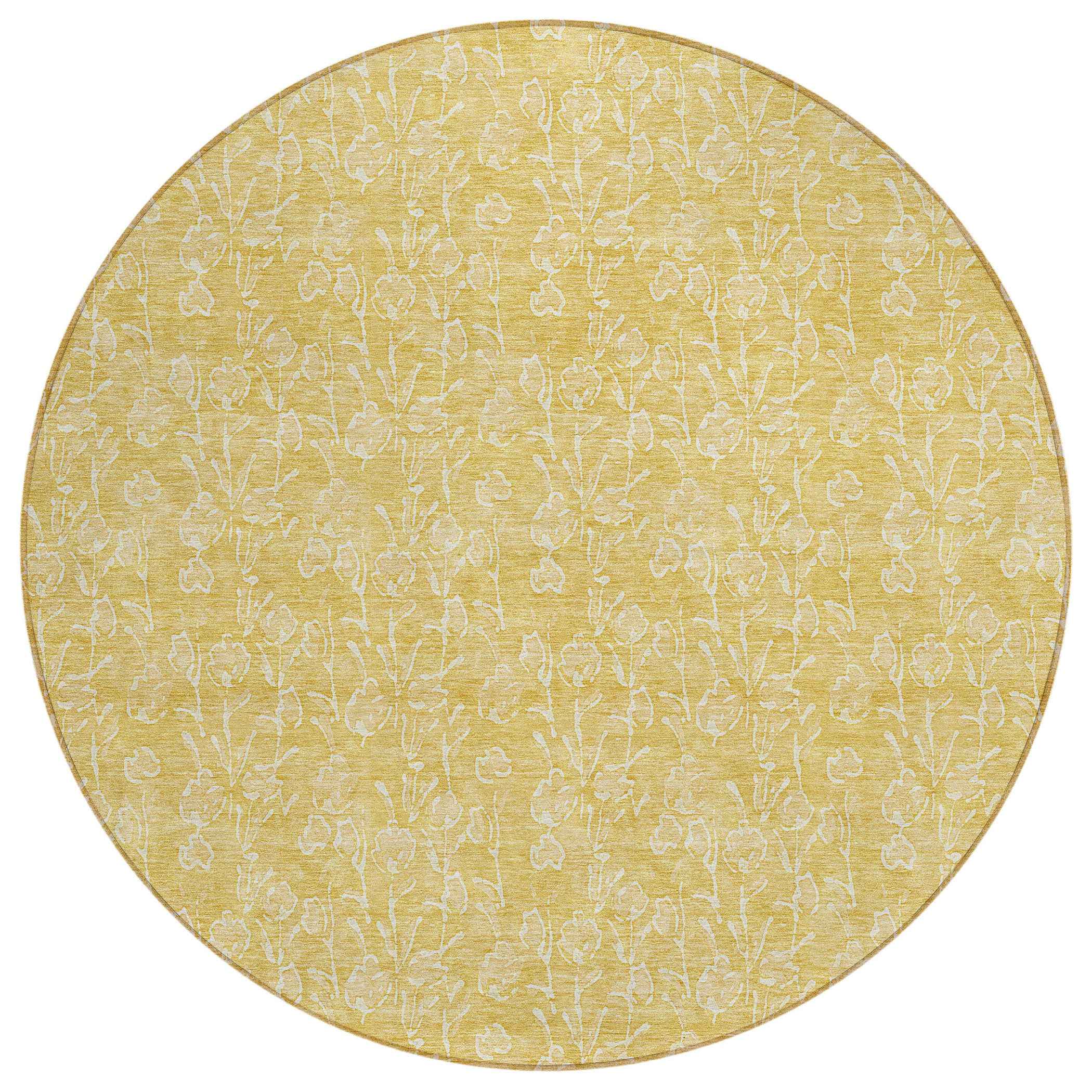 8' Gold And Ivory Round Floral Washable Indoor Outdoor Area Rug