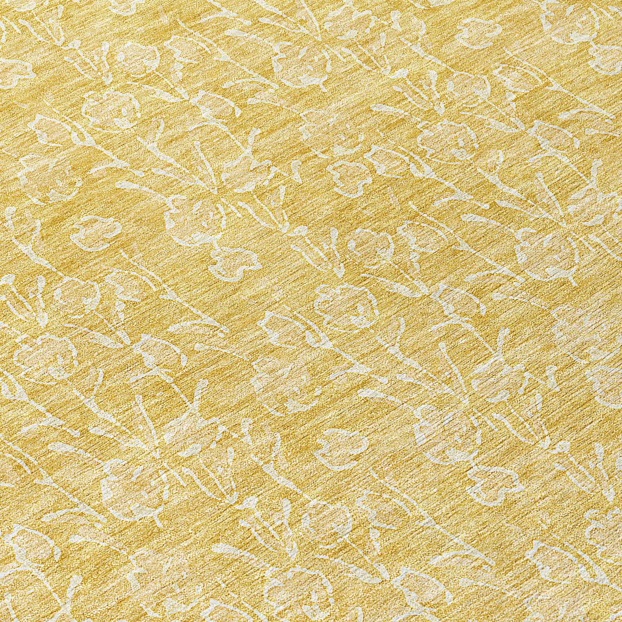 8' Gold And Ivory Round Floral Washable Indoor Outdoor Area Rug