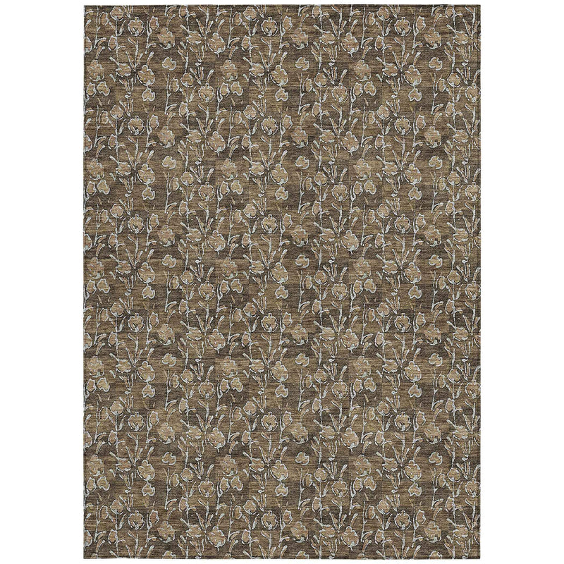 8' X 10' Brown And Ivory Floral Washable Indoor Outdoor Area Rug