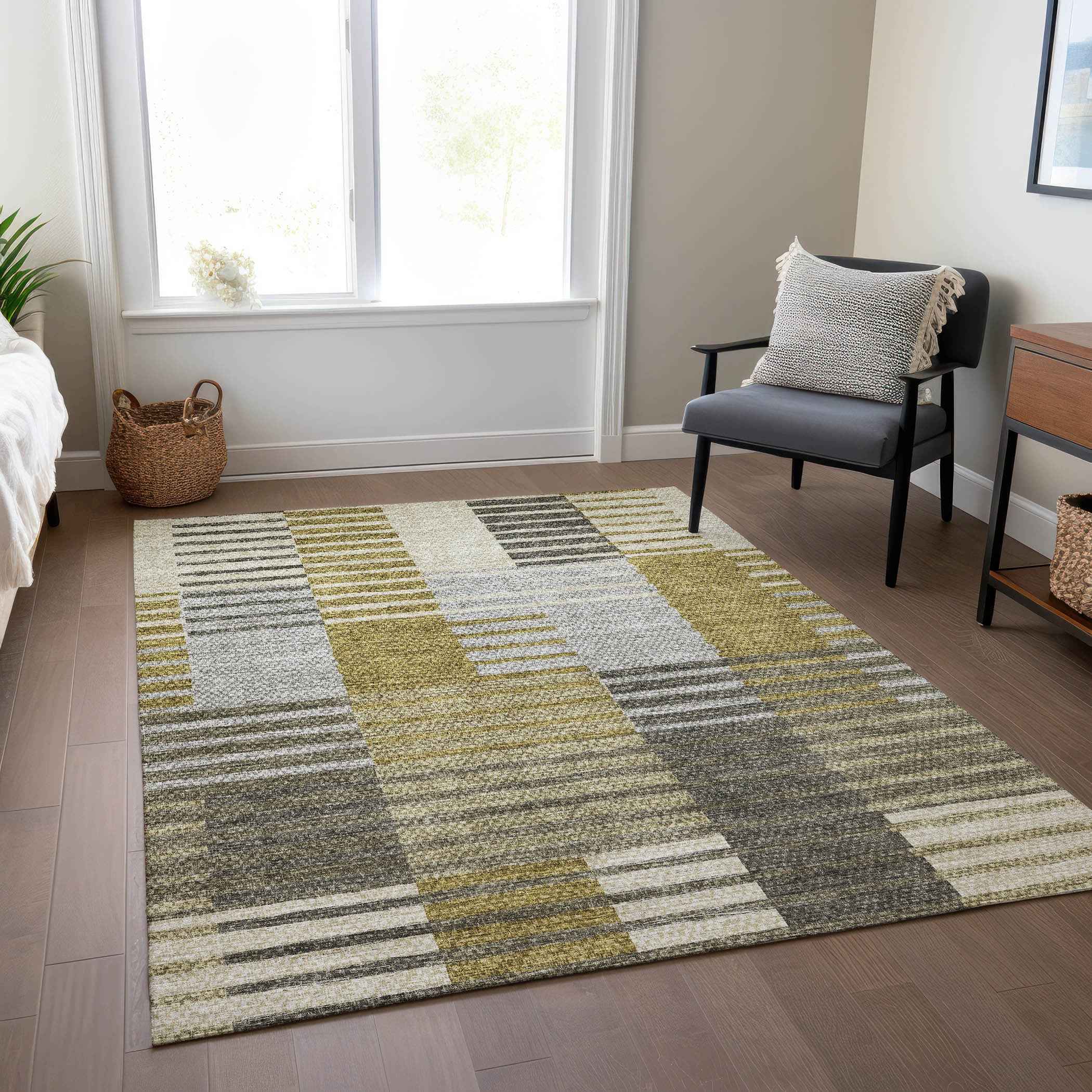 9' X 12' Brown Gold And Taupe Striped Washable Indoor Outdoor Area Rug