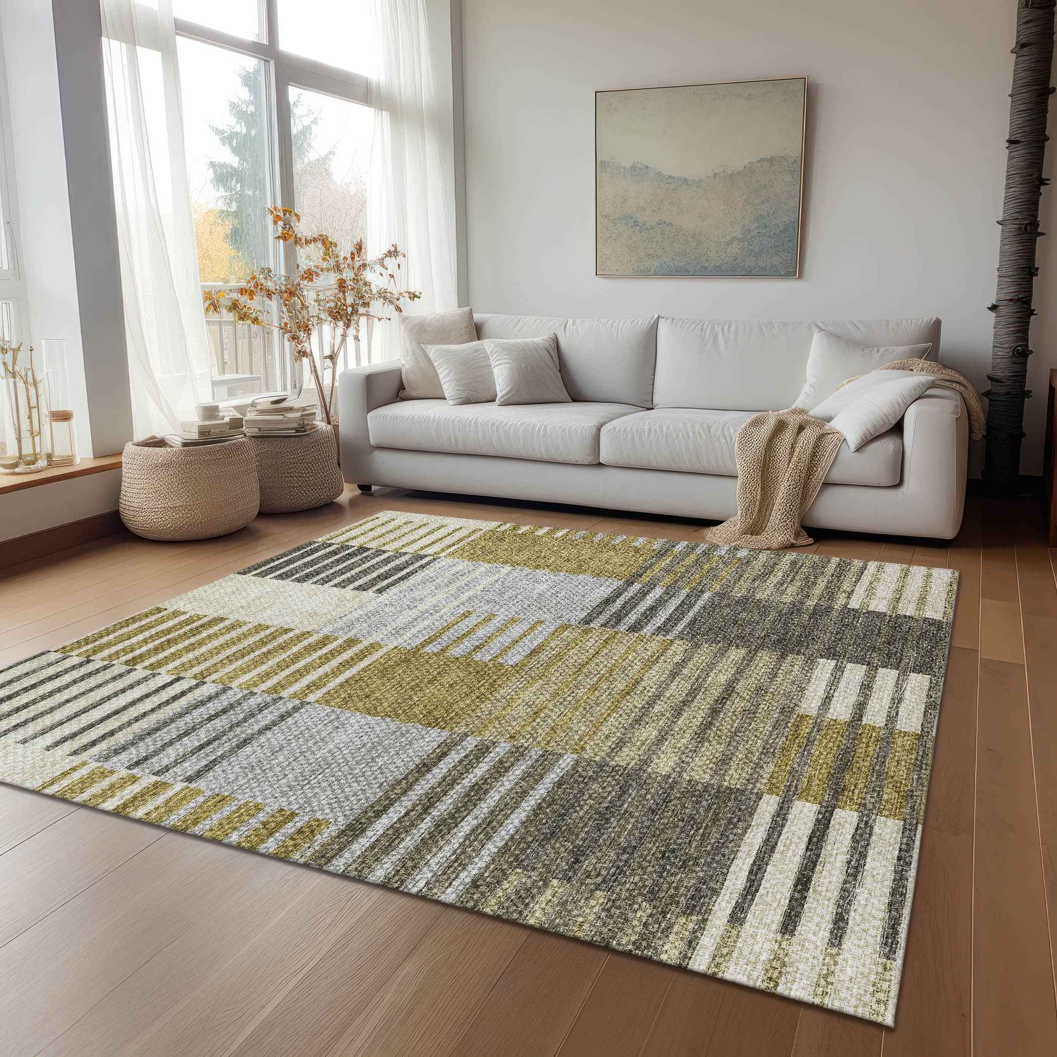 9' X 12' Brown Gold And Taupe Striped Washable Indoor Outdoor Area Rug