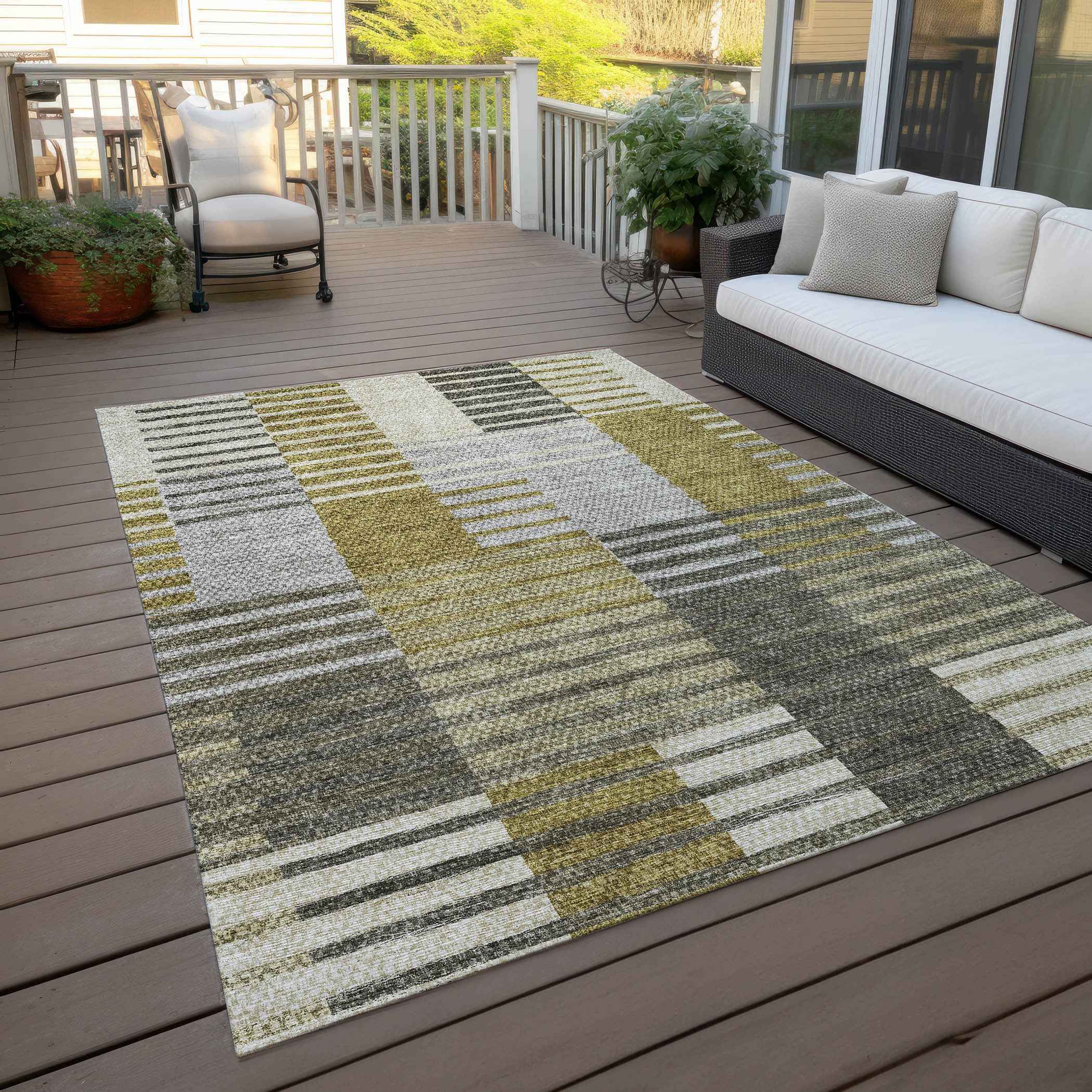 5' X 8' Brown Gold And Taupe Striped Washable Indoor Outdoor Area Rug