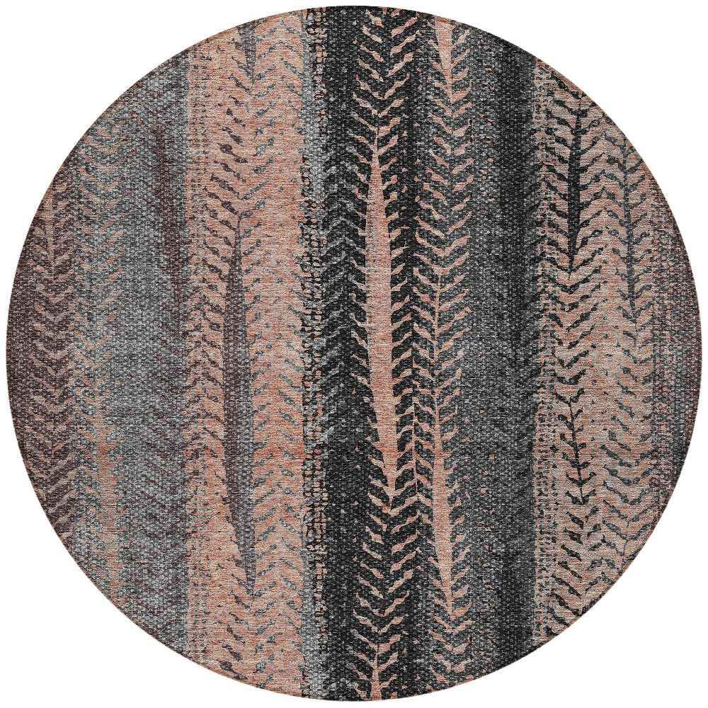 8' Blue Charcoal And Copper Round Botanical Leaves Washable Indoor Outdoor Area Rug