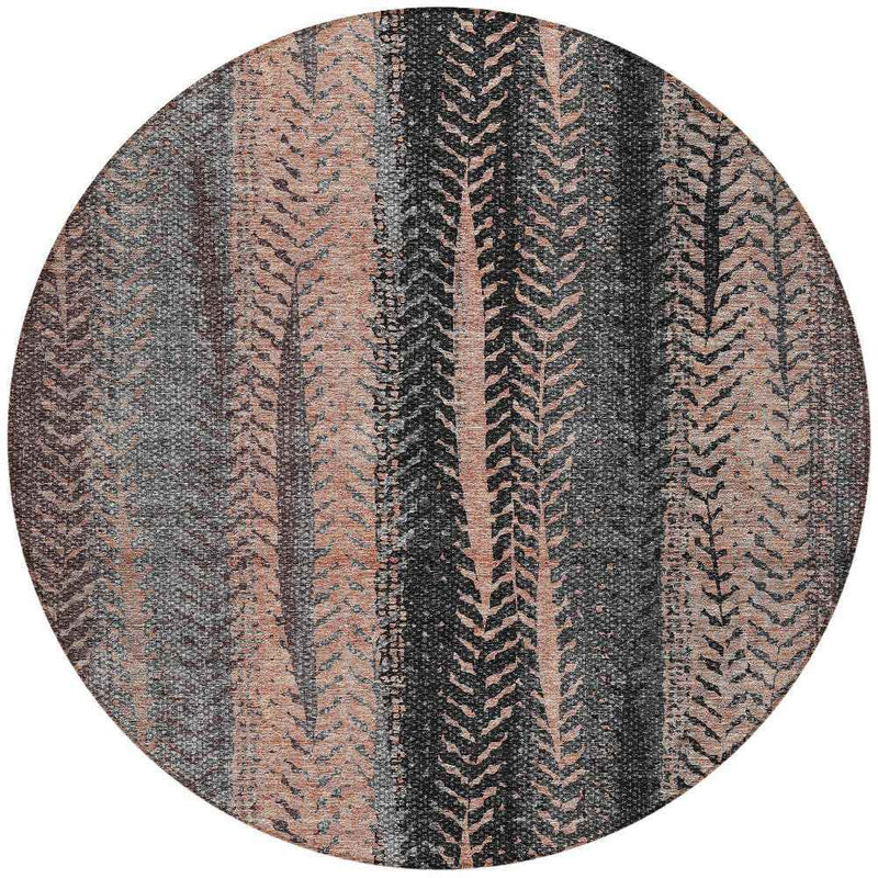 8' Blue Charcoal And Copper Round Botanical Leaves Washable Indoor Outdoor Area Rug