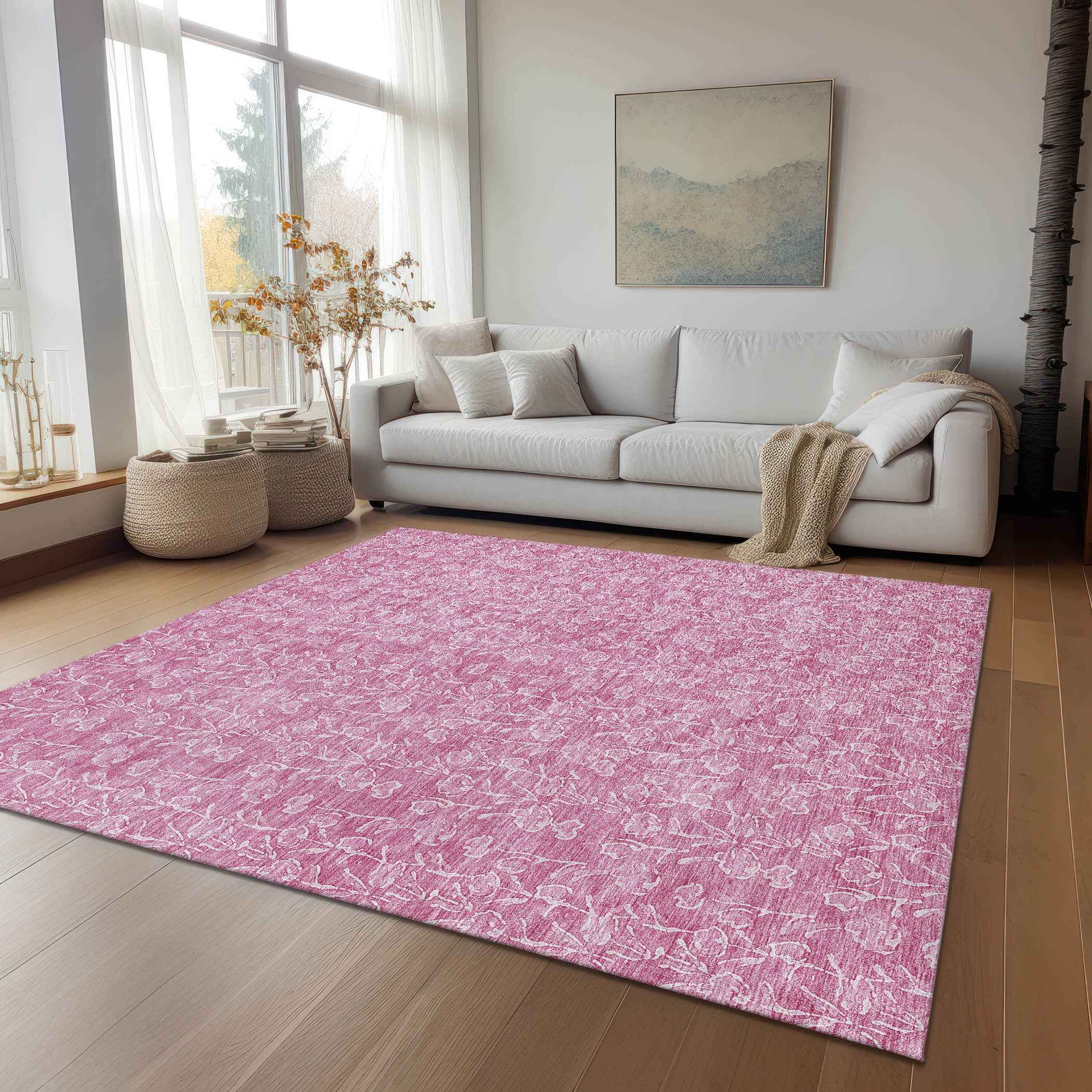 3' X 5' Blush And Ivory Floral Washable Indoor Outdoor Area Rug