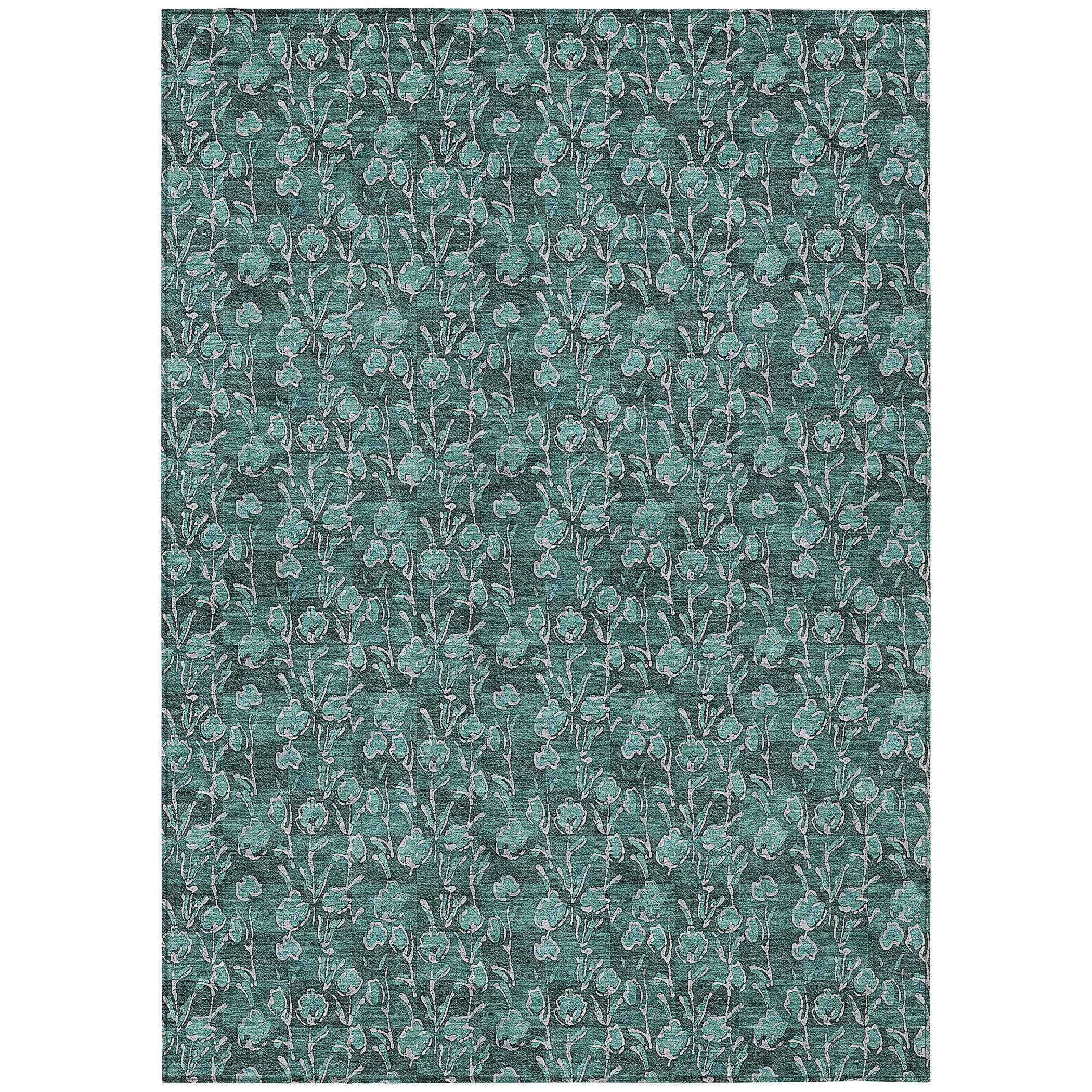 5' X 8' Teal Blue Aqua And Ivory Floral Washable Indoor Outdoor Area Rug