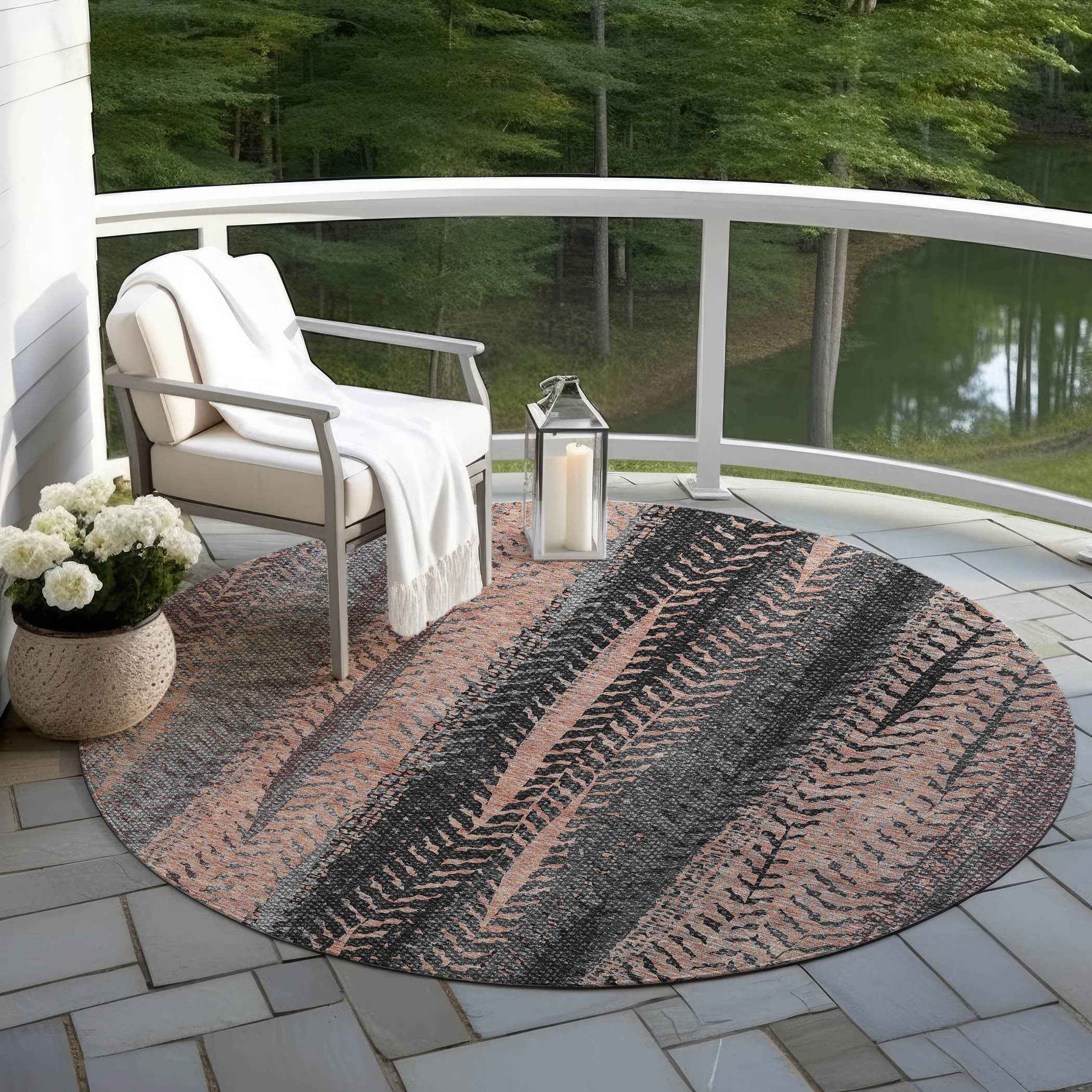 8' Blue Charcoal And Copper Round Botanical Leaves Washable Indoor Outdoor Area Rug