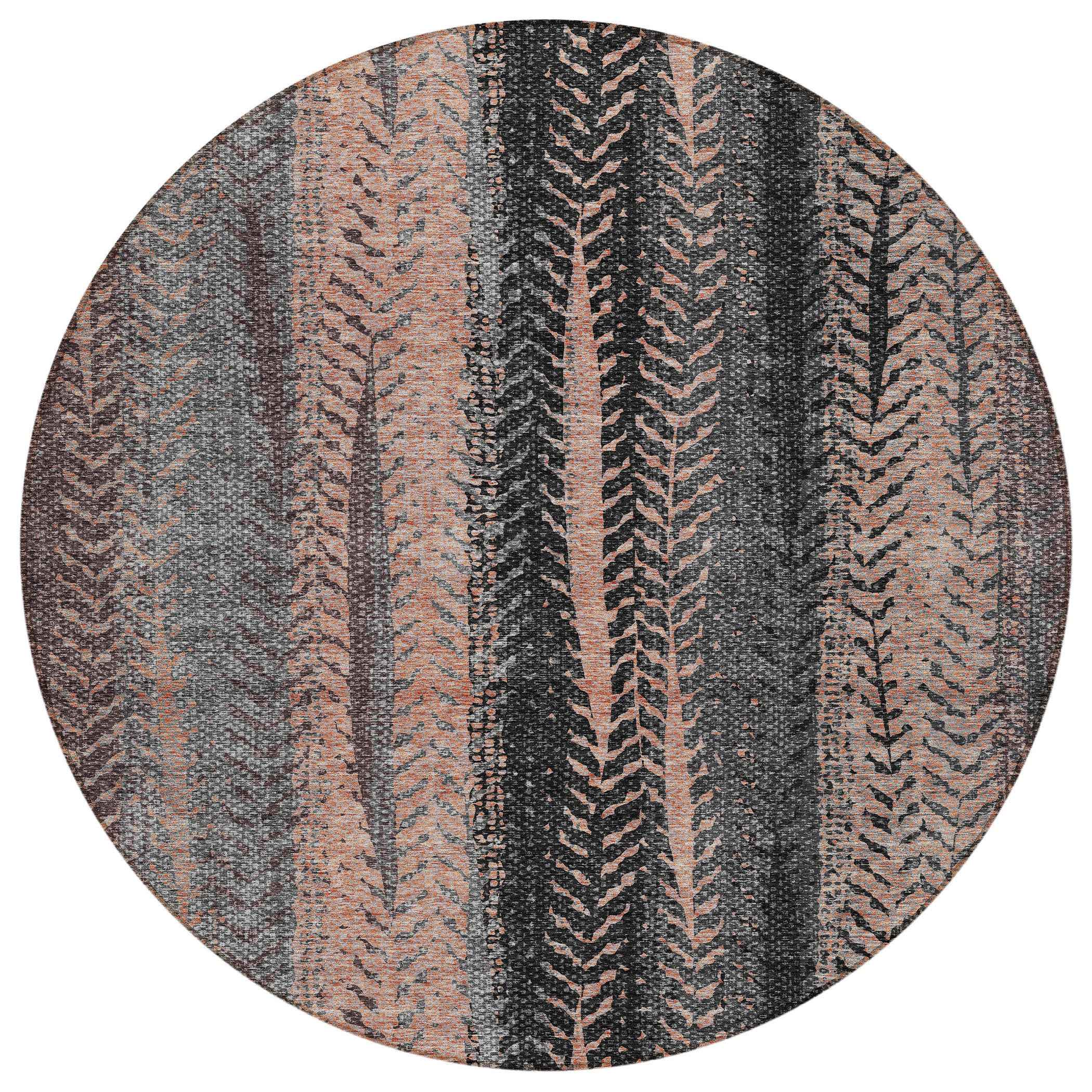 8' Blue Charcoal And Copper Round Botanical Leaves Washable Indoor Outdoor Area Rug