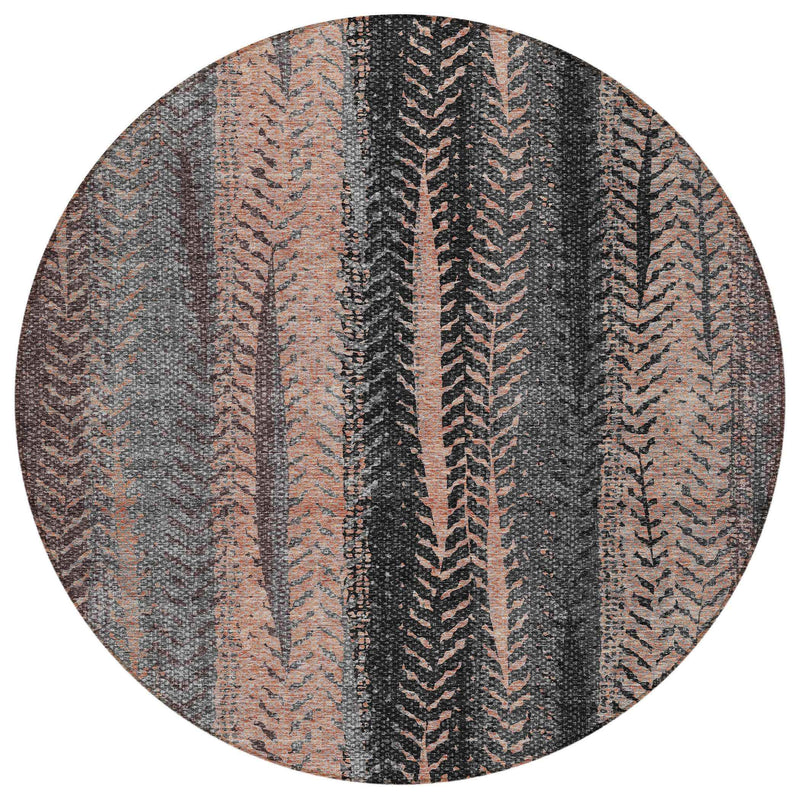 8' Blue Charcoal And Copper Round Botanical Leaves Washable Indoor Outdoor Area Rug