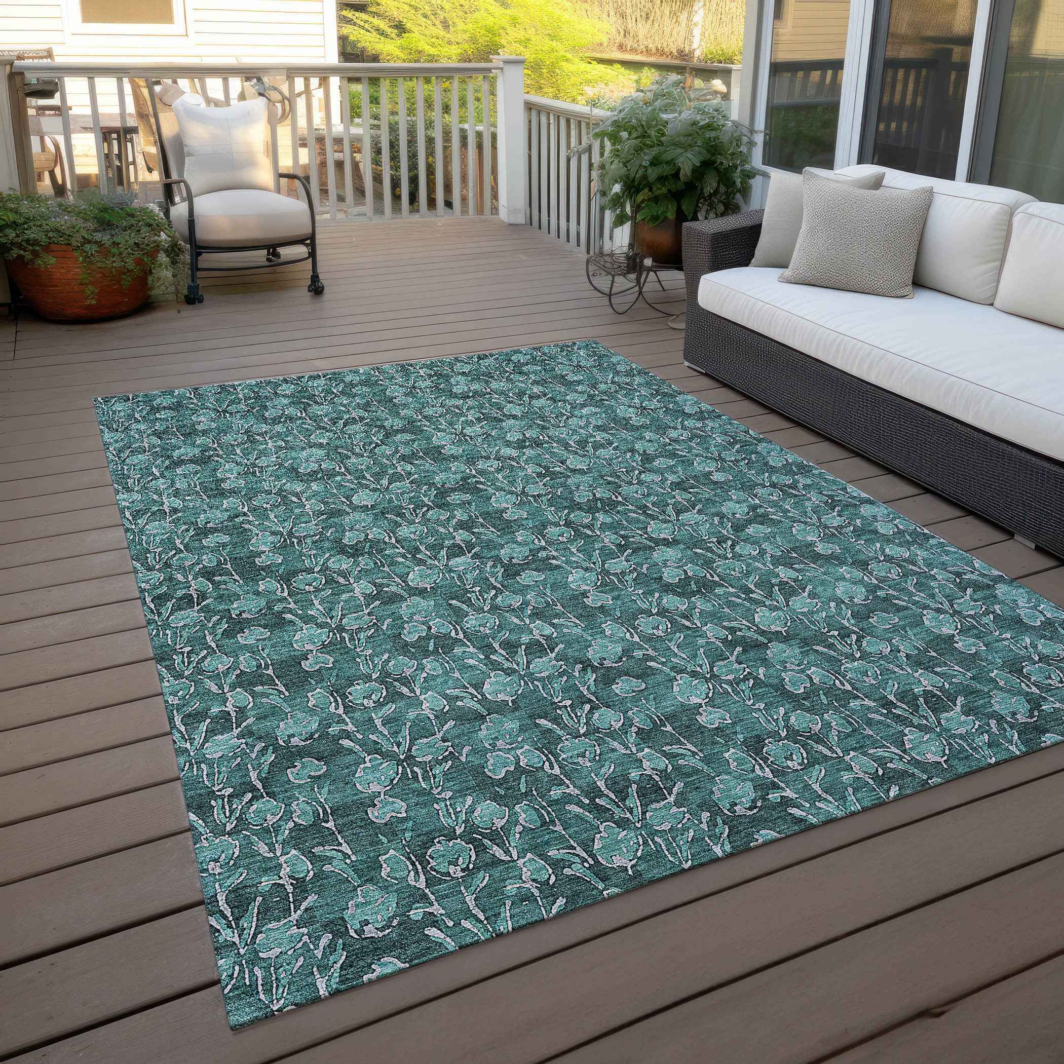5' X 8' Teal Blue Aqua And Ivory Floral Washable Indoor Outdoor Area Rug