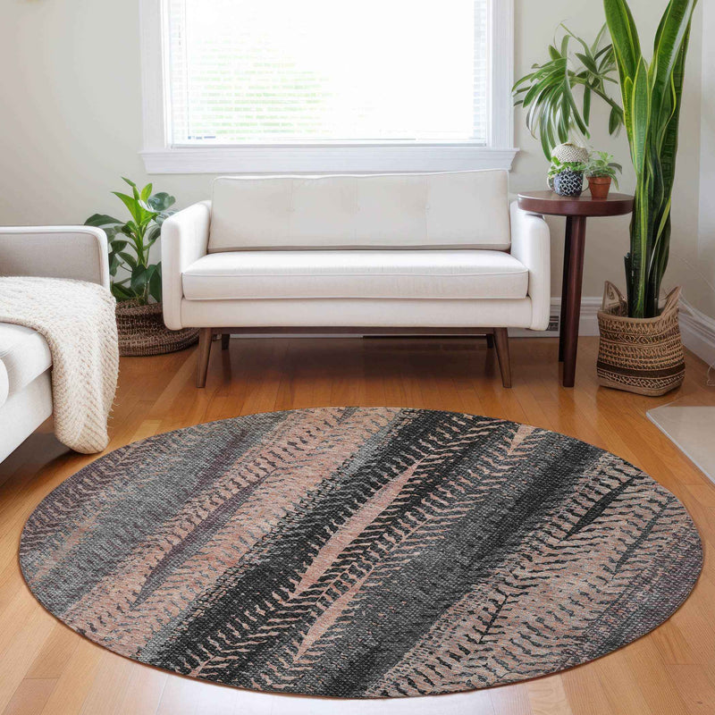 8' Blue Charcoal And Copper Round Botanical Leaves Washable Indoor Outdoor Area Rug