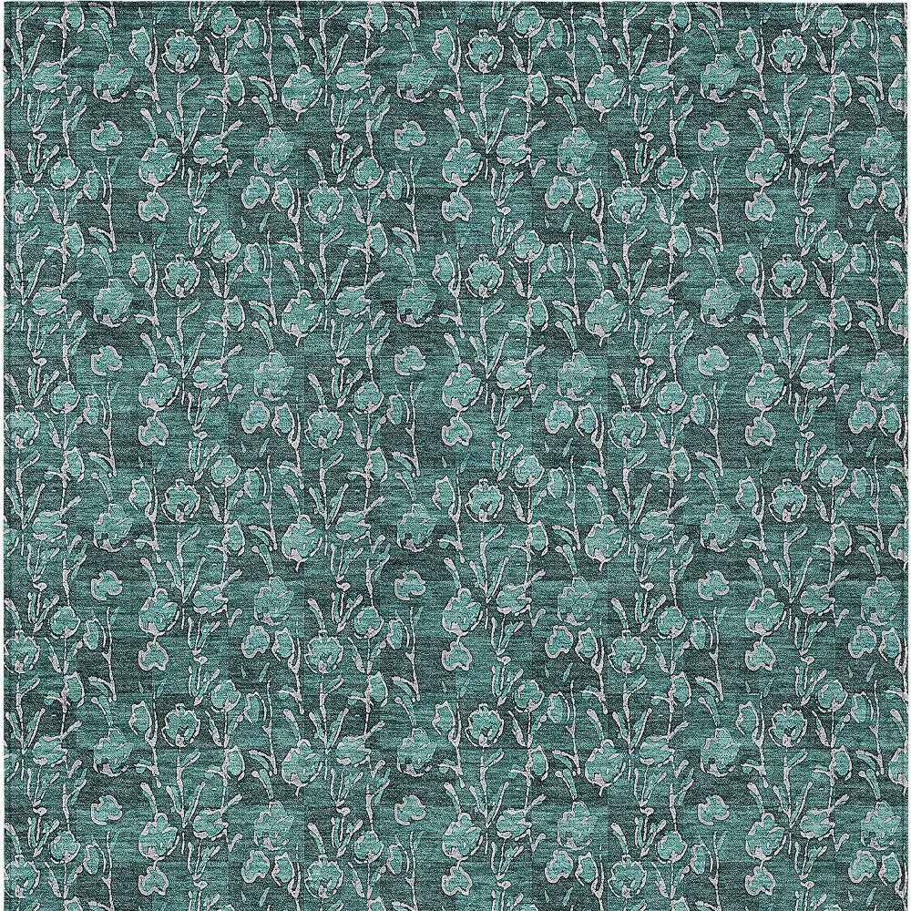 5' X 8' Teal Blue Aqua And Ivory Floral Washable Indoor Outdoor Area Rug