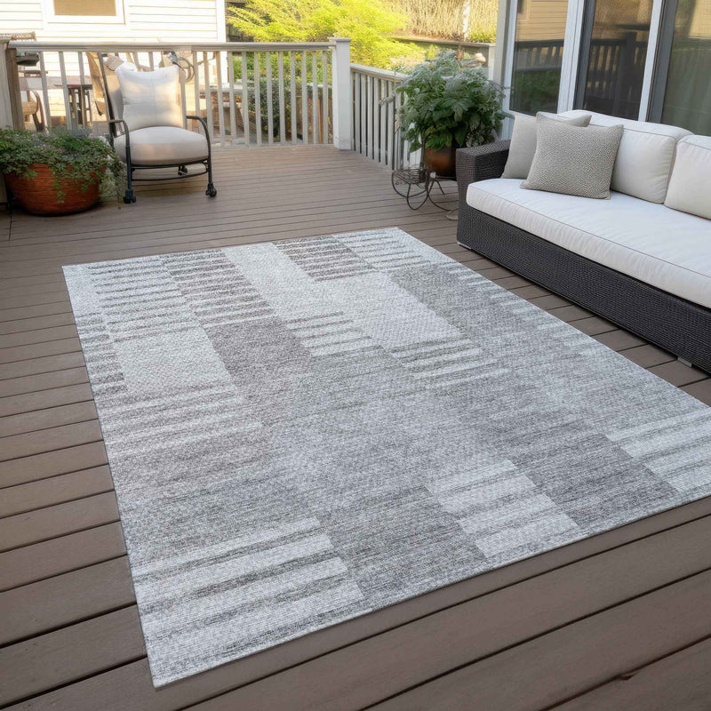 5' X 8' Silver Gray And Ivory Striped Washable Indoor Outdoor Area Rug