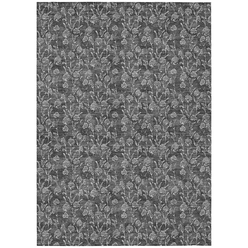 8' X 10' Gray Charcoal And Silver Floral Washable Indoor Outdoor Area Rug