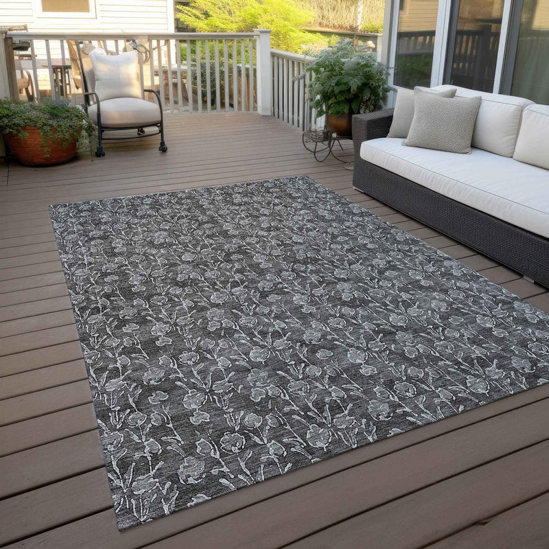 8' X 10' Gray Charcoal And Silver Floral Washable Indoor Outdoor Area Rug
