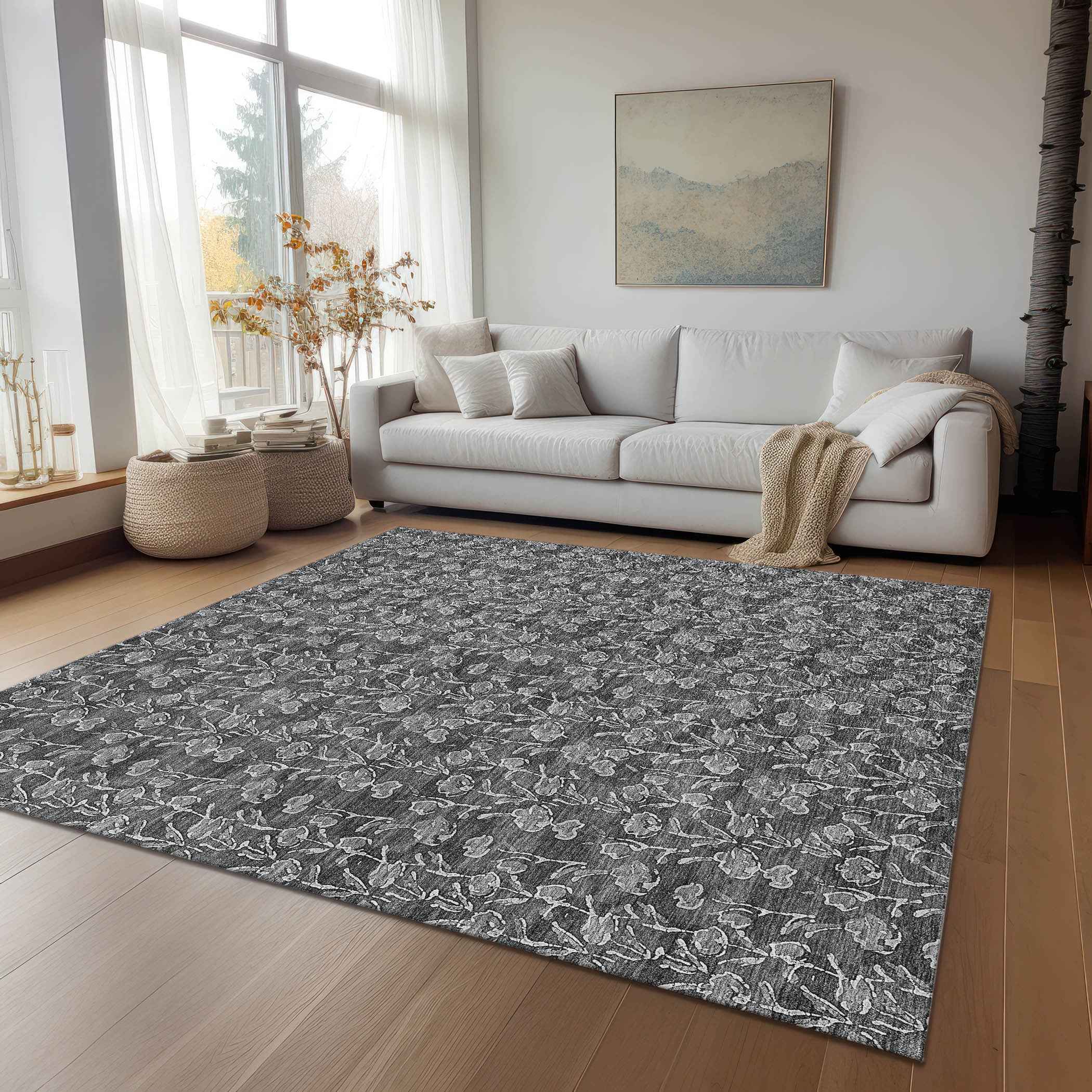8' X 10' Gray Charcoal And Silver Floral Washable Indoor Outdoor Area Rug