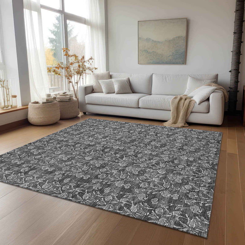 8' X 10' Gray Charcoal And Silver Floral Washable Indoor Outdoor Area Rug