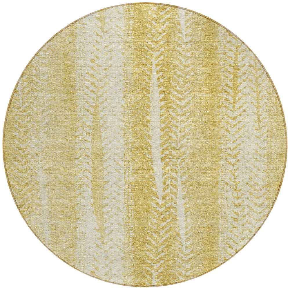 8' Gold Wheat And Ivory Round Botanical Leaves Washable Indoor Outdoor Area Rug