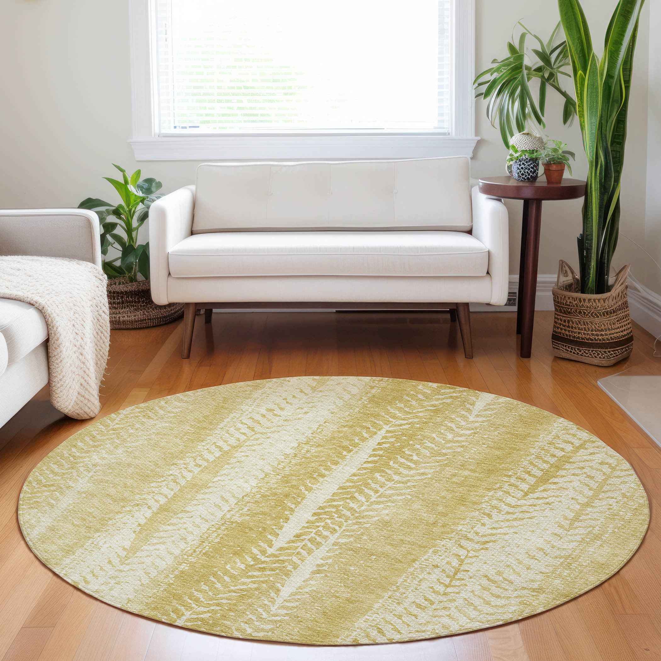 8' Gold Wheat And Ivory Round Botanical Leaves Washable Indoor Outdoor Area Rug