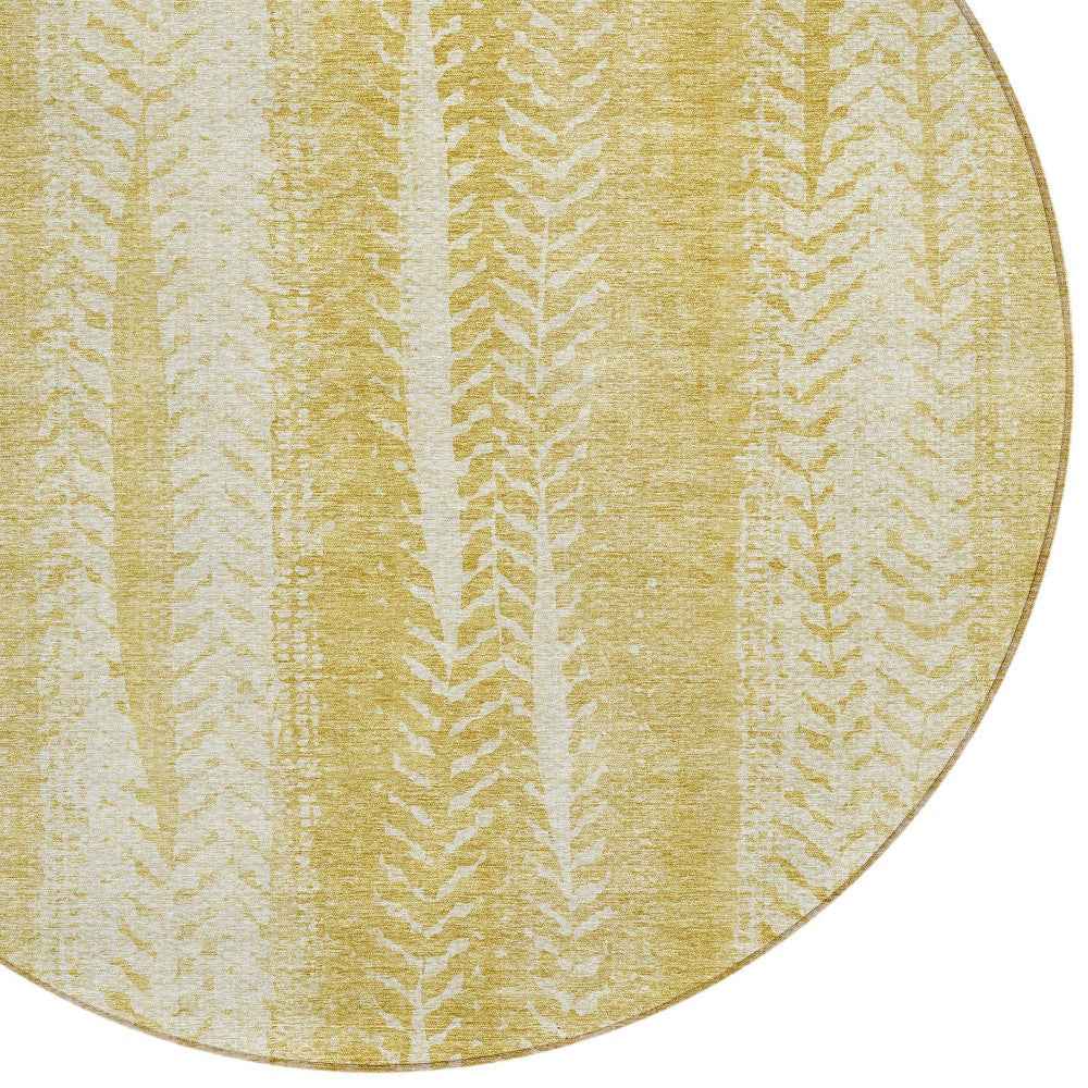 8' Gold Wheat And Ivory Round Botanical Leaves Washable Indoor Outdoor Area Rug