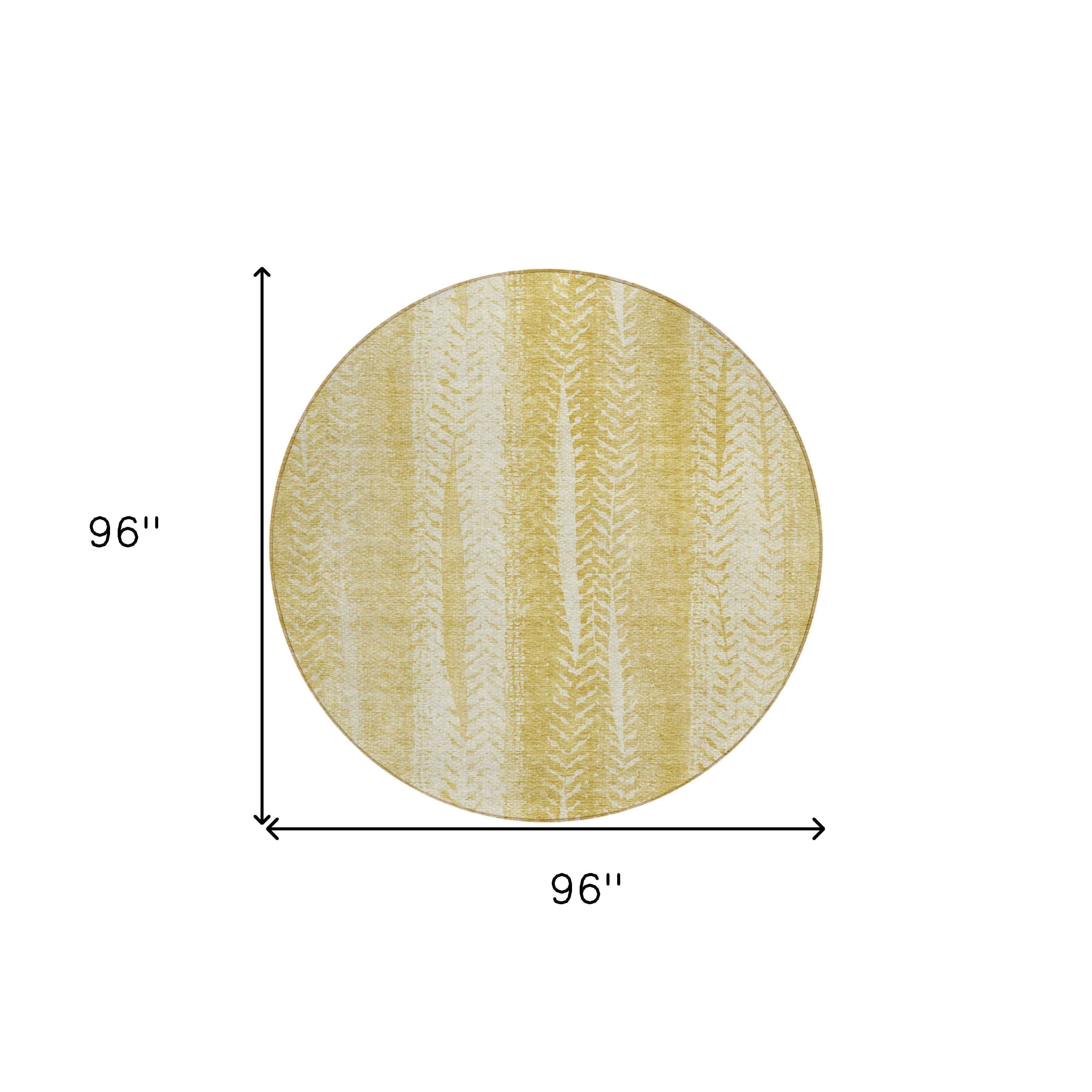 8' Gold Wheat And Ivory Round Botanical Leaves Washable Indoor Outdoor Area Rug