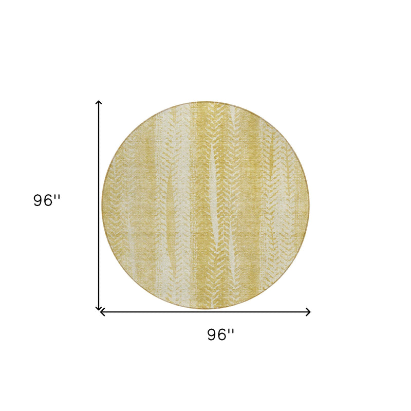 8' Gold Wheat And Ivory Round Botanical Leaves Washable Indoor Outdoor Area Rug