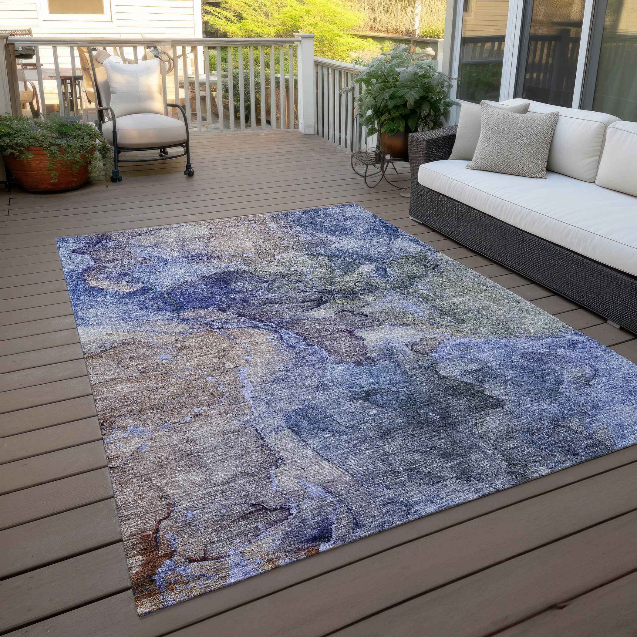 9' X 12' Navy Blue And Beige Abstract Washable Indoor Outdoor Area Rug