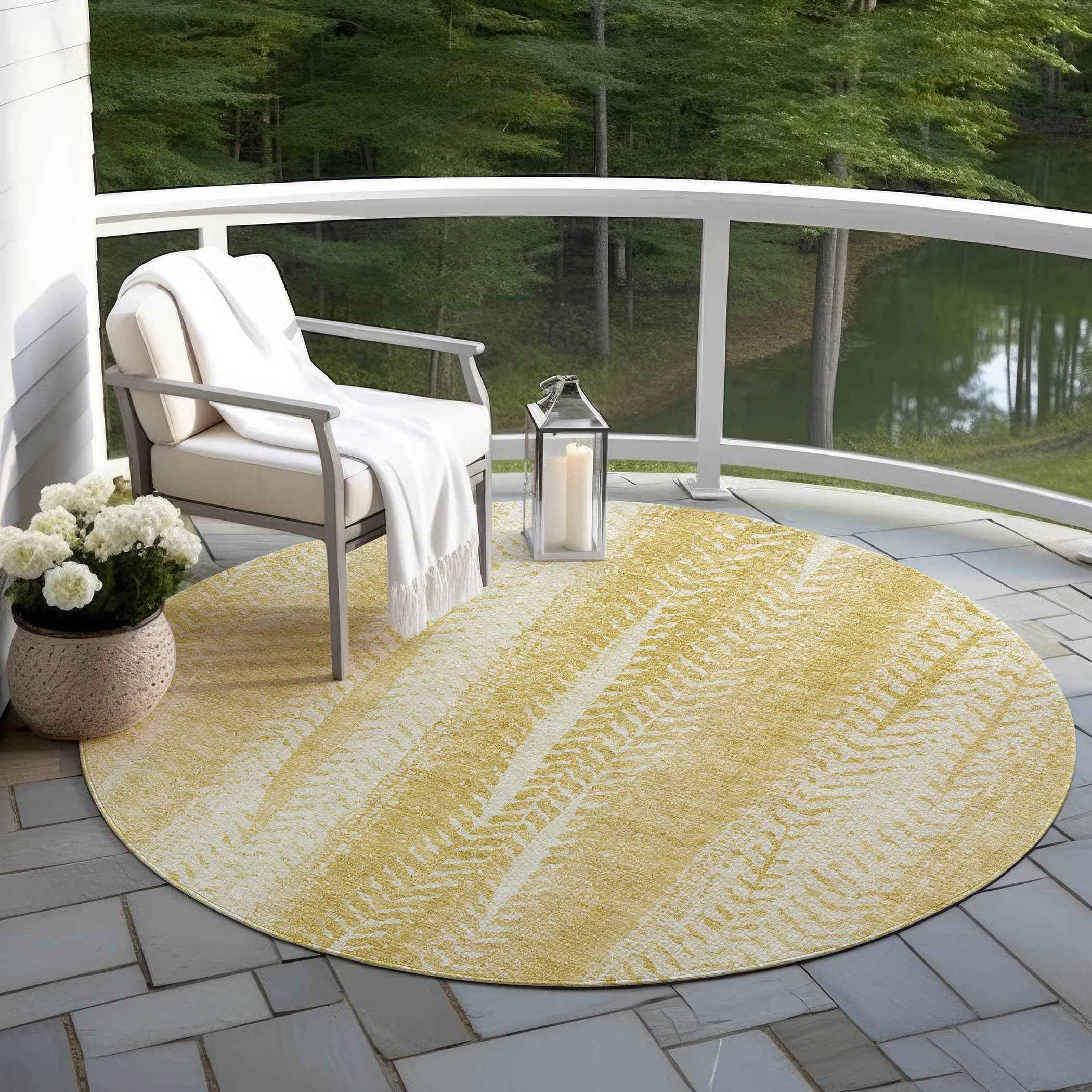 8' Gold Wheat And Ivory Round Botanical Leaves Washable Indoor Outdoor Area Rug