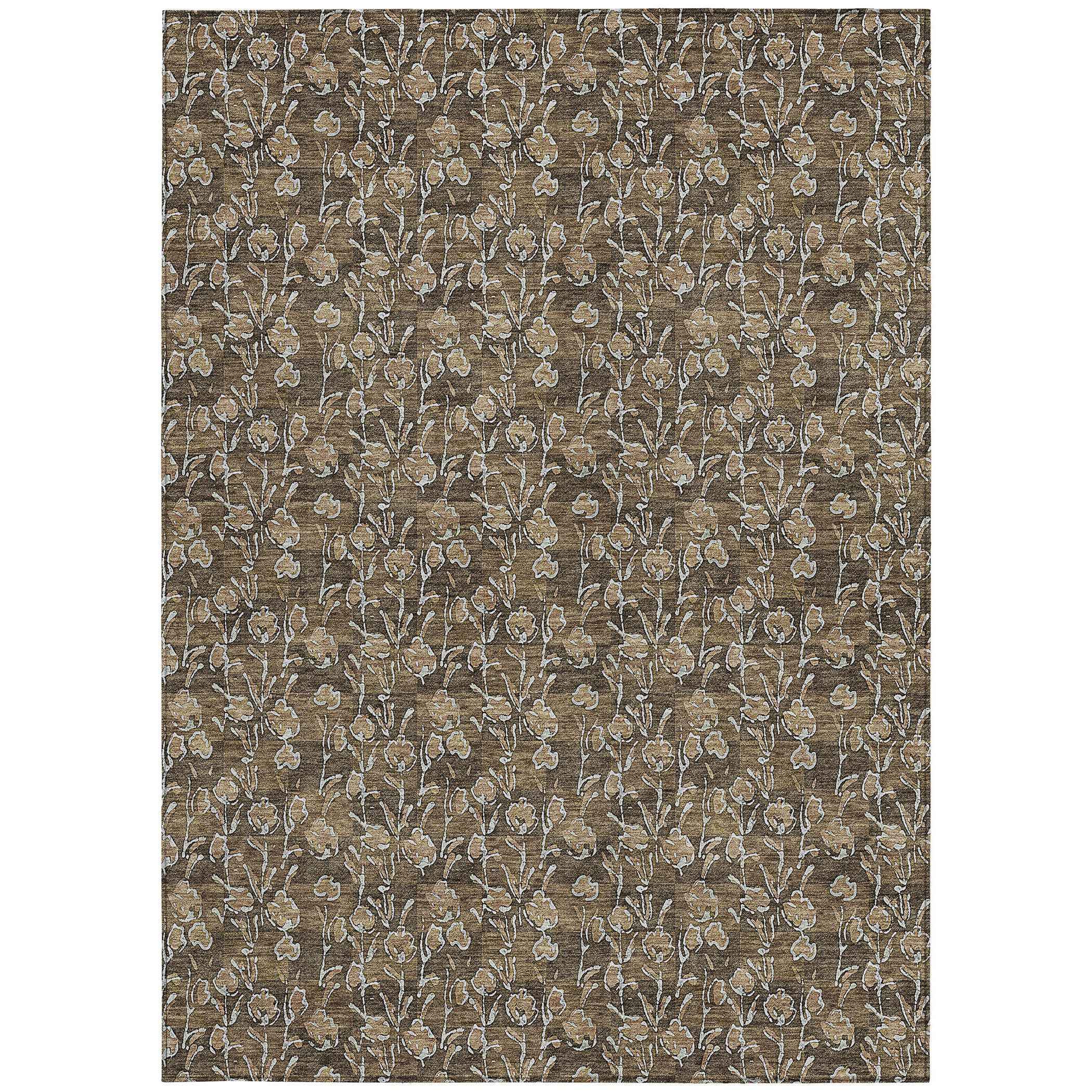 5' X 8' Brown And Ivory Floral Washable Indoor Outdoor Area Rug